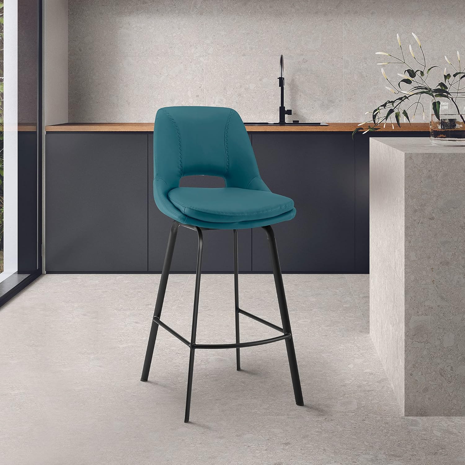 Armen Living Carise Black Faux Leather and Black Metal Swivel 30