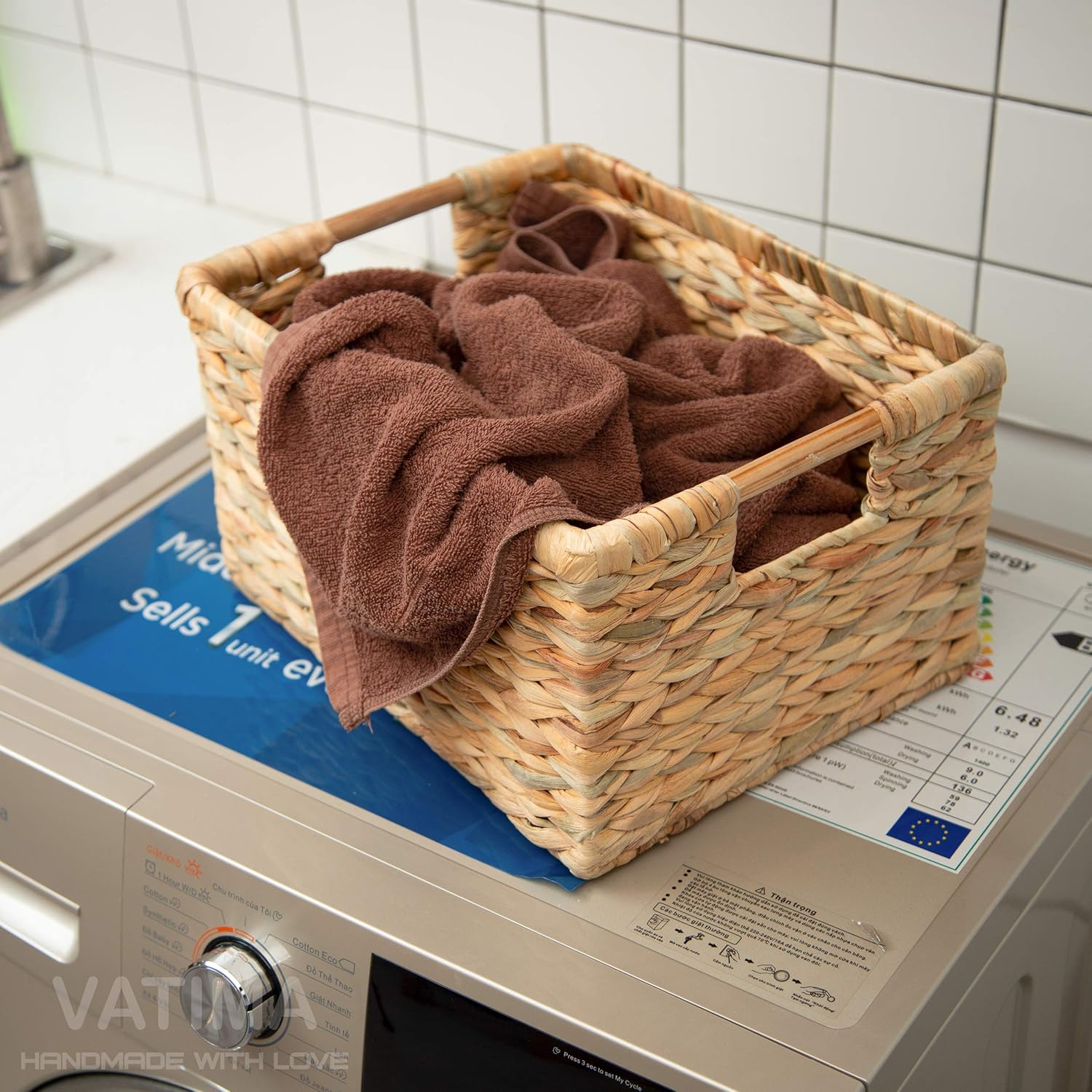 VATIMA Large Wicker Basket Rectangular with Wooden Handles for Shelves, Water Hyacinth Basket Storage, Natural Baskets for Organizing, Wicker Baskets for Storage 14.5 x 10.3 x 7.2 inches