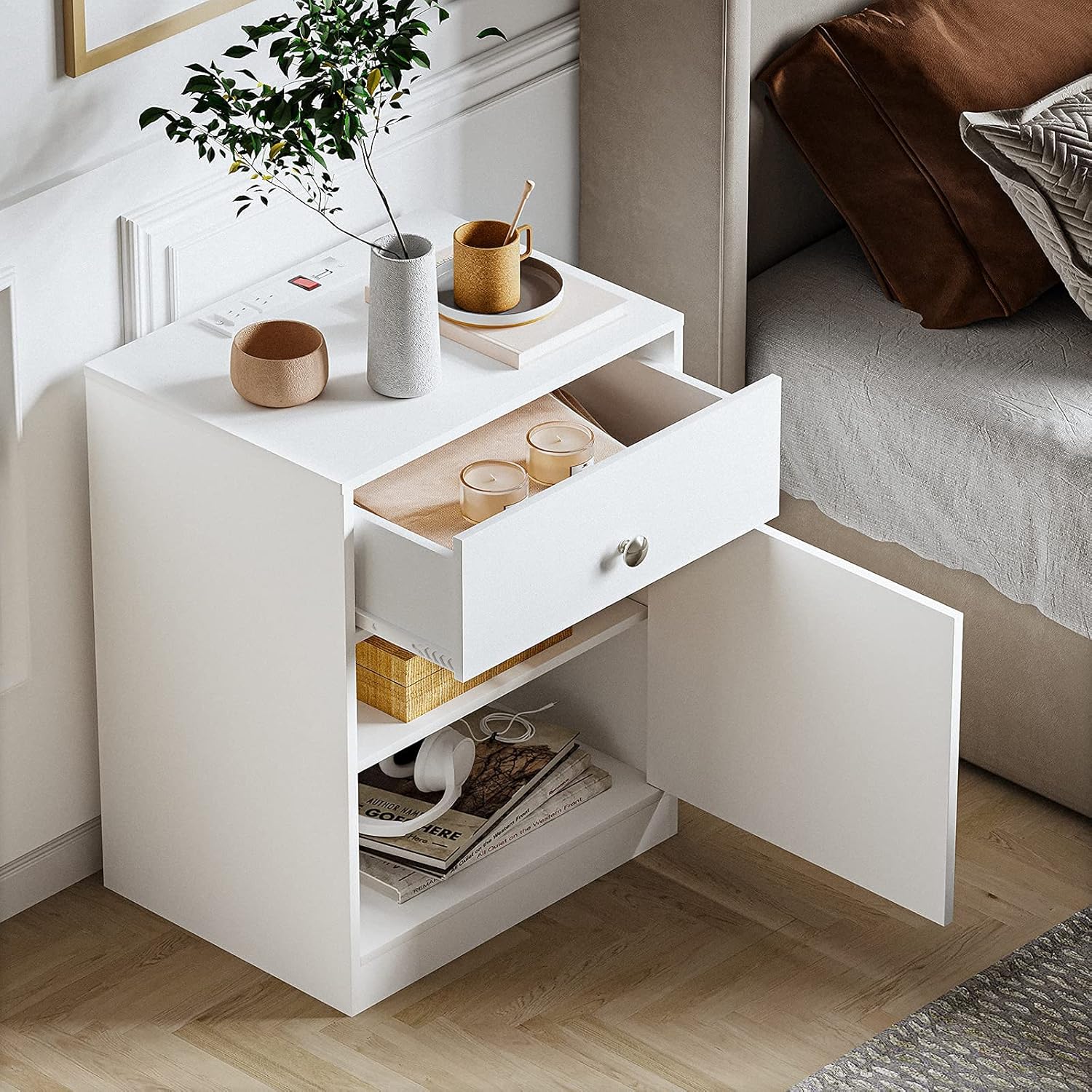 ADORNEVE Black Nightstand with USB Port, Side End Table,with Door and Drawer Night Stand for Bedroom,Living Room