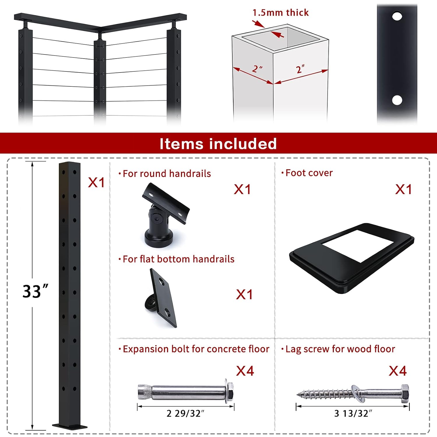 Muzata Cable Railing Corner Post Square Weldless 36