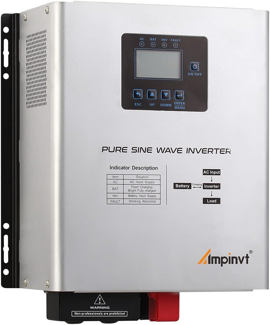 Ampinvt 800W Pure Sine Wave Inverter with AC Charger, DC 12V to AC 120V Output, Solar Power Off Grid Low Frequency Inverter for Lithium, Sealed,AGM, Gel,and Flooded Batteries