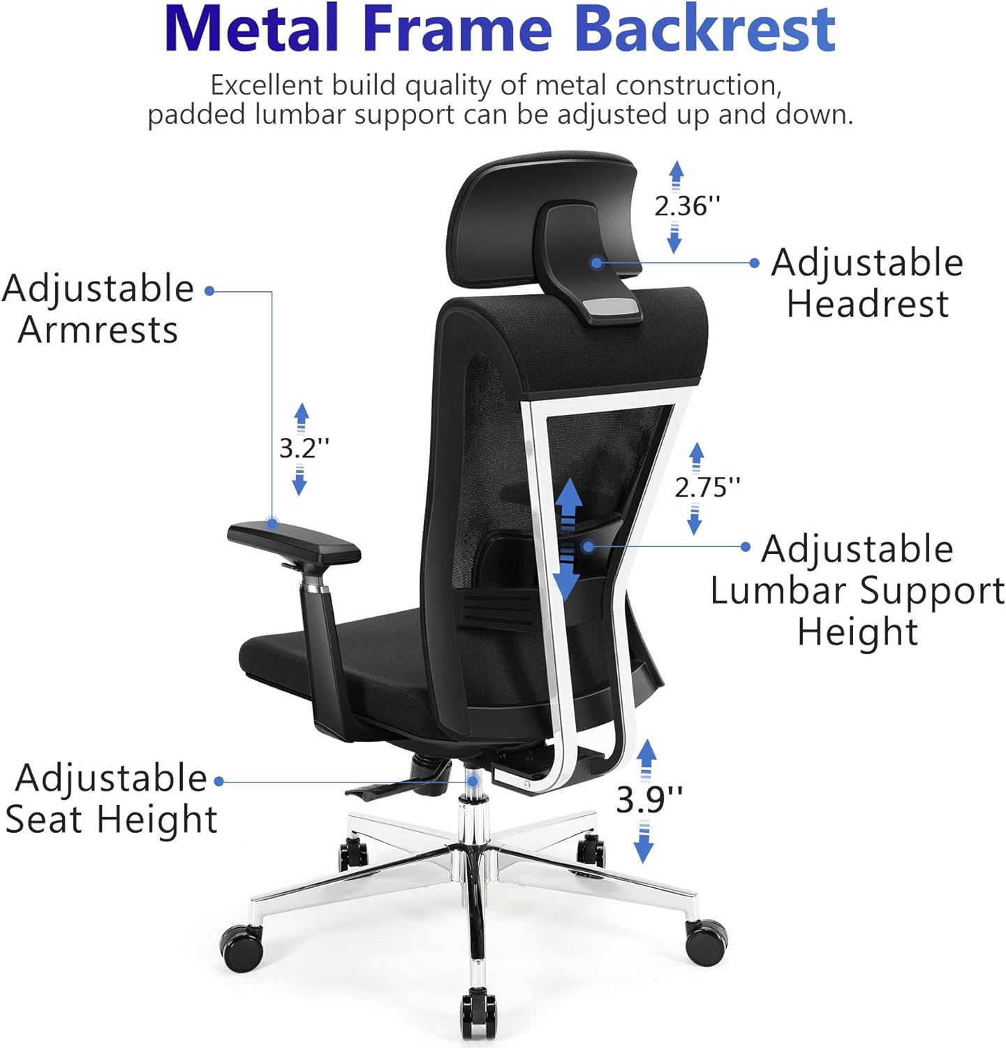 Tribesigns Ergonomic Office Chair, High Back Desk Chair with Metal Backrest, Sponge Lumbar Support, Thick Seat Cushion, 3D Armrest, Adjustable Backrest and Headrest, Black