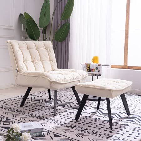 Modern Beige White Soft Velvet Material Large Width Accent Chair Leisure Chair TV Chair Bedroom Chair with Ottoman Black Legs fo