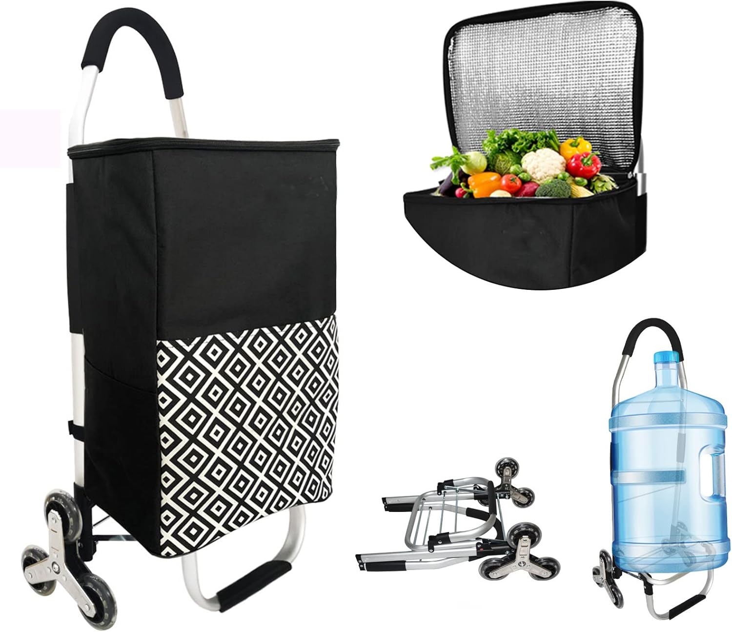 3 in 1 Insulated Shopping Cart Multipurpose Stair Climbing Utility Cart Travel Camping Rolling Cooler with Adjustable Bungee Cord Waterproof Lightweight (Black)