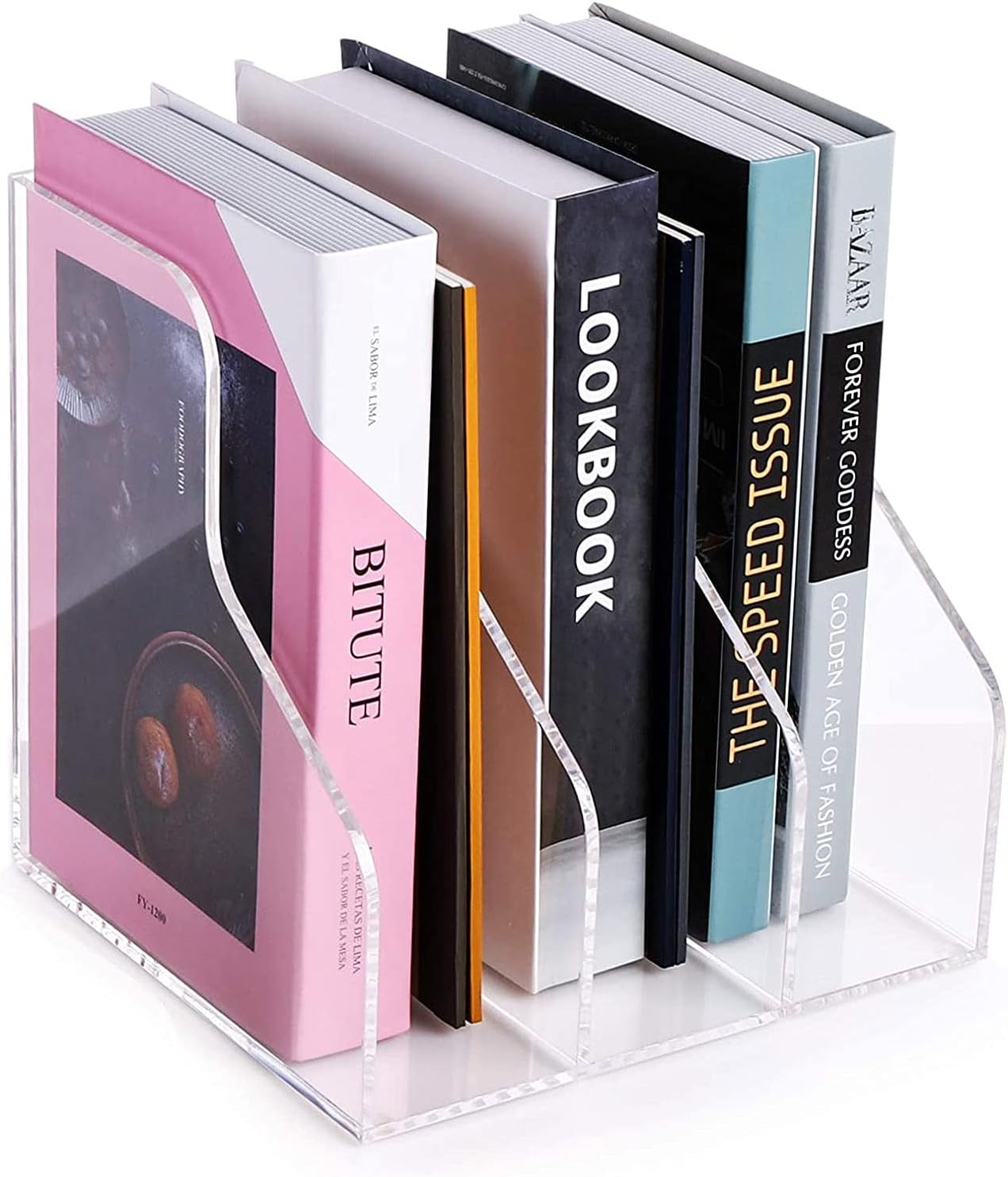 SANRUI Clear Acrylic Magazine File Holder with 3 Vertical Compartments File Organizer for Desk Pack of 2