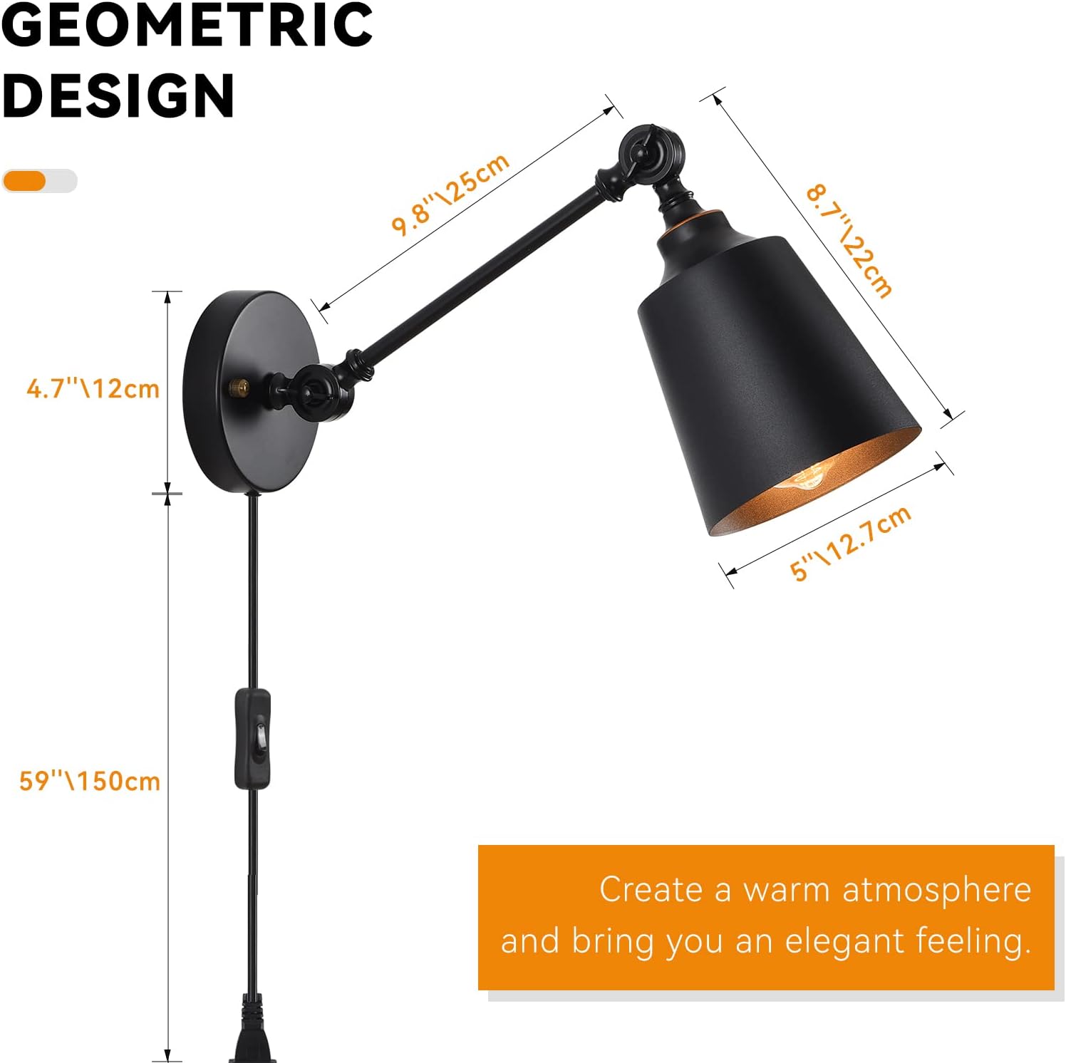 HOXIYA Plug in Wall Lamps Set of Two, Swing Arm Wall Sconce with Plug-in Cord ON/Off Switch, Matte Black Metal Reading Light Fixture Wall Mounted for Bedside Bedroom Living Room Kitchen Cupboard, E26