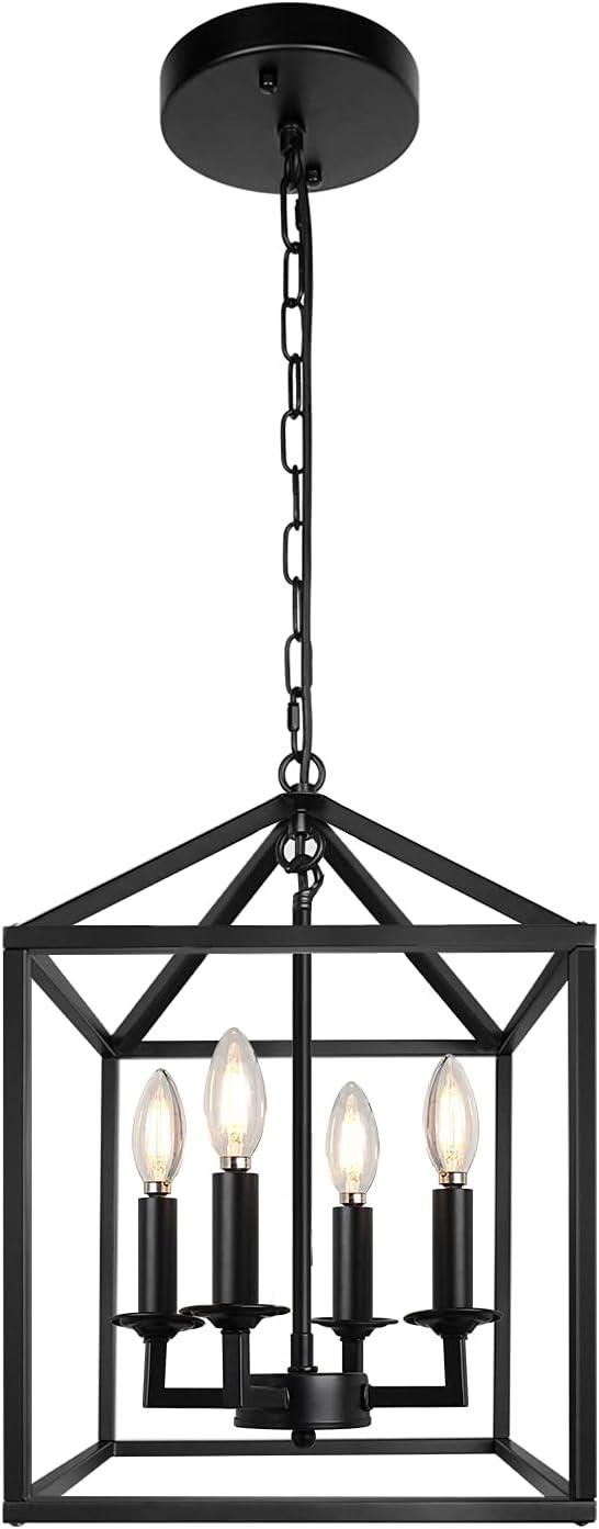 Black Farmhouse Pendant Light ,Lantern Chandelier, Industrial Kitchen Light Fixture for Foyer Dining Room, Kitchen Island, Hallway (19''x12.5'', 4-Light)