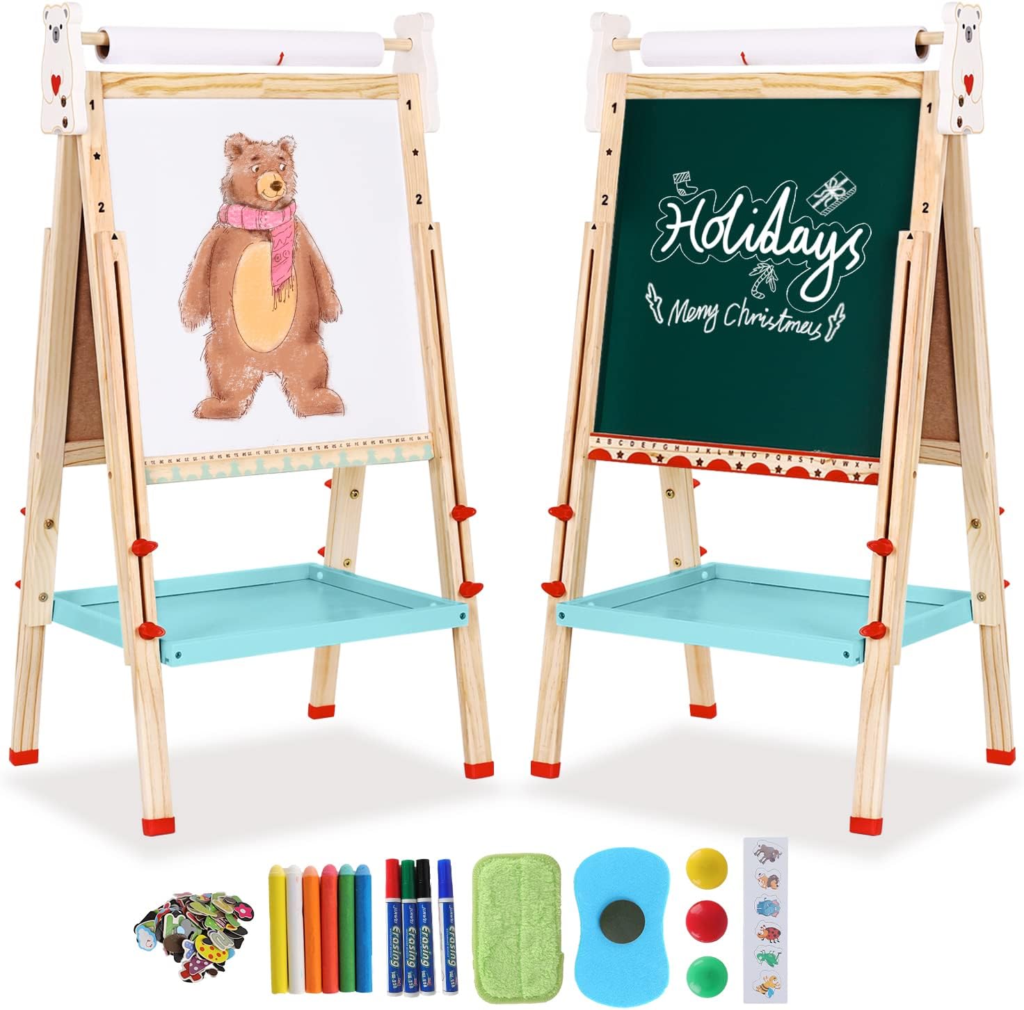 Kids Easel with Paper Roll Double-Sided Whiteboard & Chalkboard Standing Easel with Numbers and Other Accessories for Kids and Toddlers (T04)