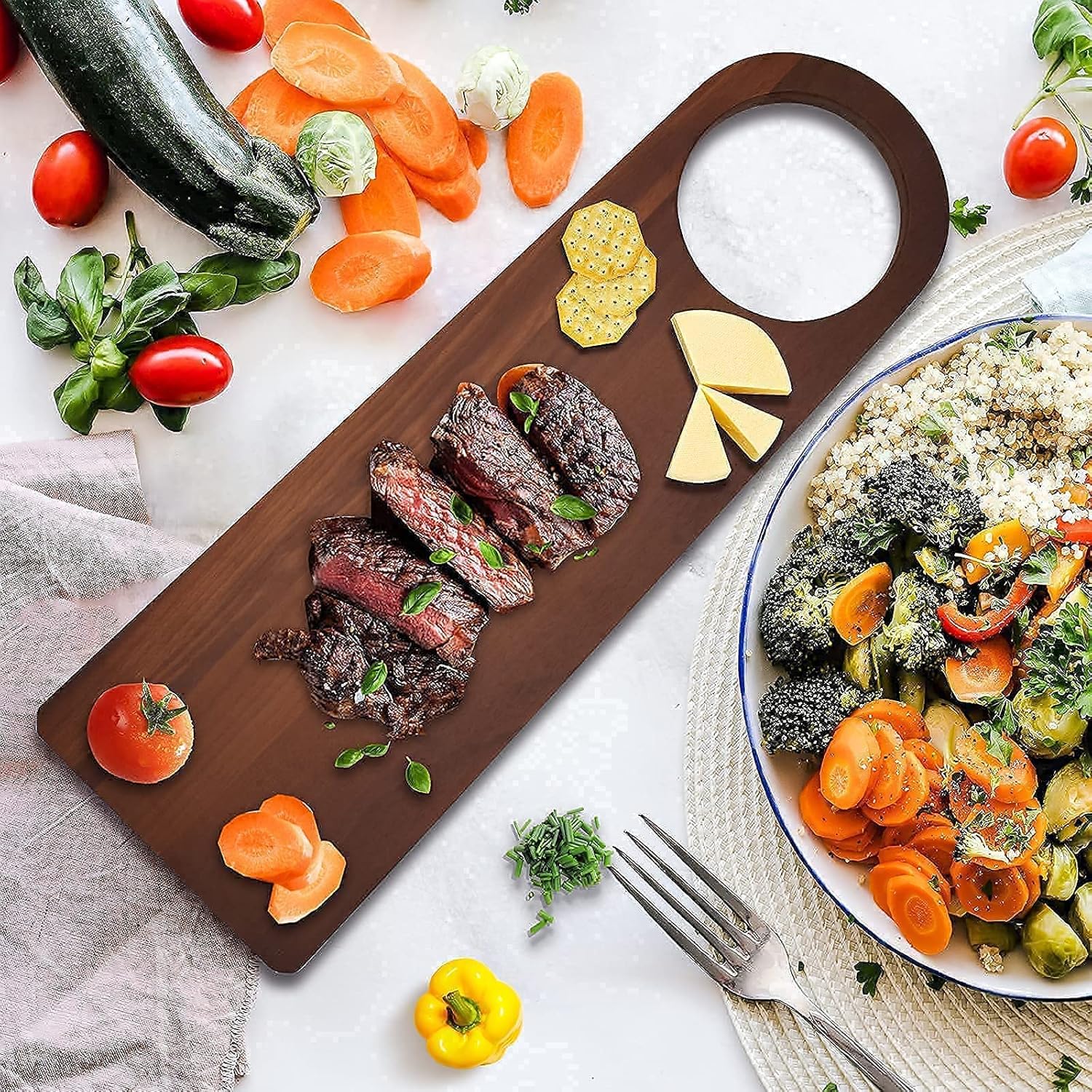 Wood Cutting Board For Kitchen, Butcher Block Boards With Handle Hole, Durable Carbonized Beech Wooden Serving Steak Charcuterie Chopping Board 24.5