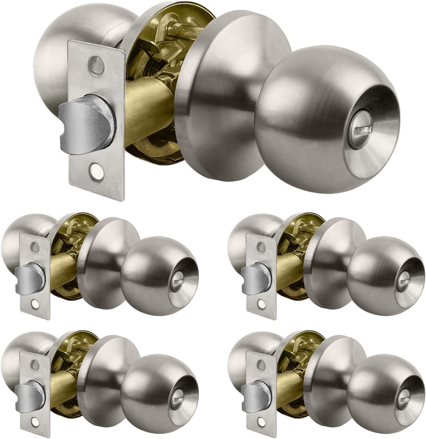 [10 Pack] BESTTEN Privacy Door Lock Set for Bedroom and Bathroom, Removable Latch Plate, Round Ball Door Knob, Satin Nickel Finish Pack of 2