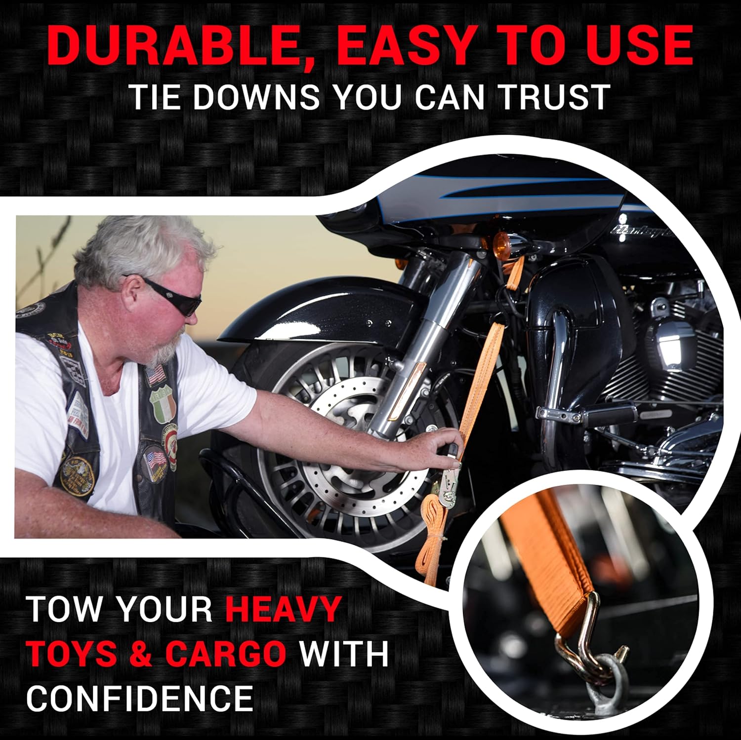 Badass Moto Heavy Duty Ratchet Straps Tie Downs 4-Pack. 4400 Break Str 1.5 in X 15 Feet - Motorcycle Tie Down Straps - Truck Cargo - ATV Trailer - Wide Padded Grips, Ratchet Strap Keepers, Duffle Bag