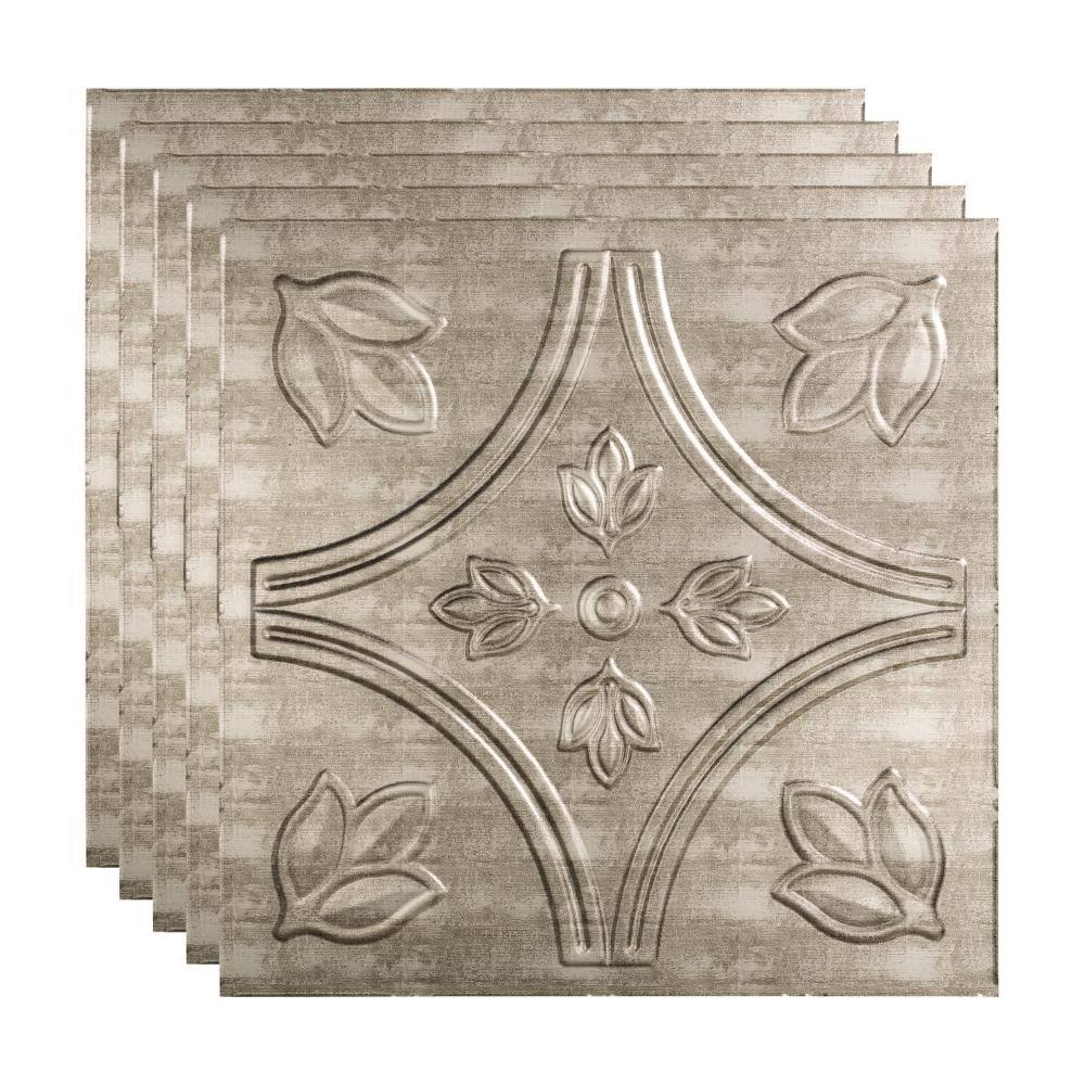 Fasade Traditional Pattern/Style #5 Decorative Vinyl 2ft x 2ft Lay in Ceiling Tile in Crosshatch Silver (5 Pack)