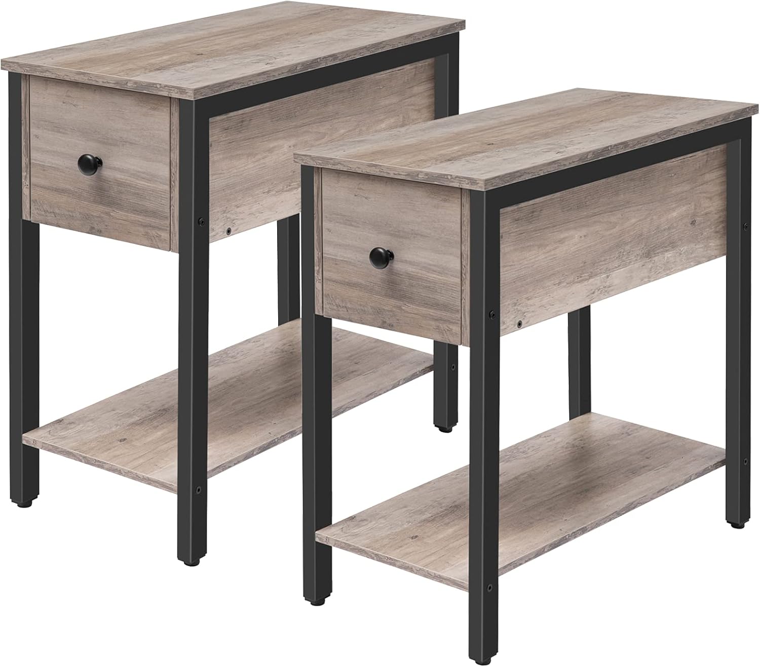 HOOBRO Set of 2 Narrow End Table, 2-Tier Nightstand with Drawer and Shelf, Side Table for Small Spaces, Stable and Sturdy, Wood Look Accent Table in Bedroom, Rustic Brown and Black BF04BZP201