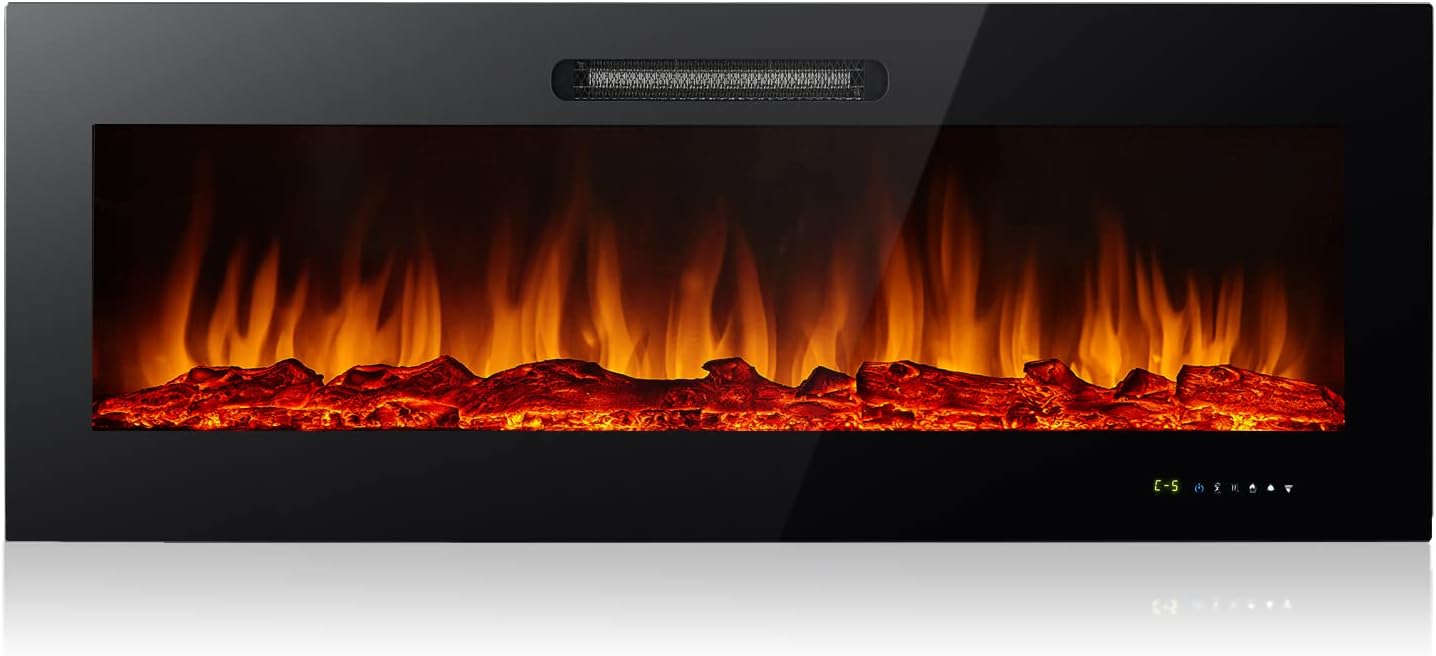Alpaca 60 inches Home Electric Fireplace Recessed and Wall Mounted Electric Fireplace, Vent on The Top,with Timer,Touch Screen,Adjustable Multicolor Flame Color and Speed,Black