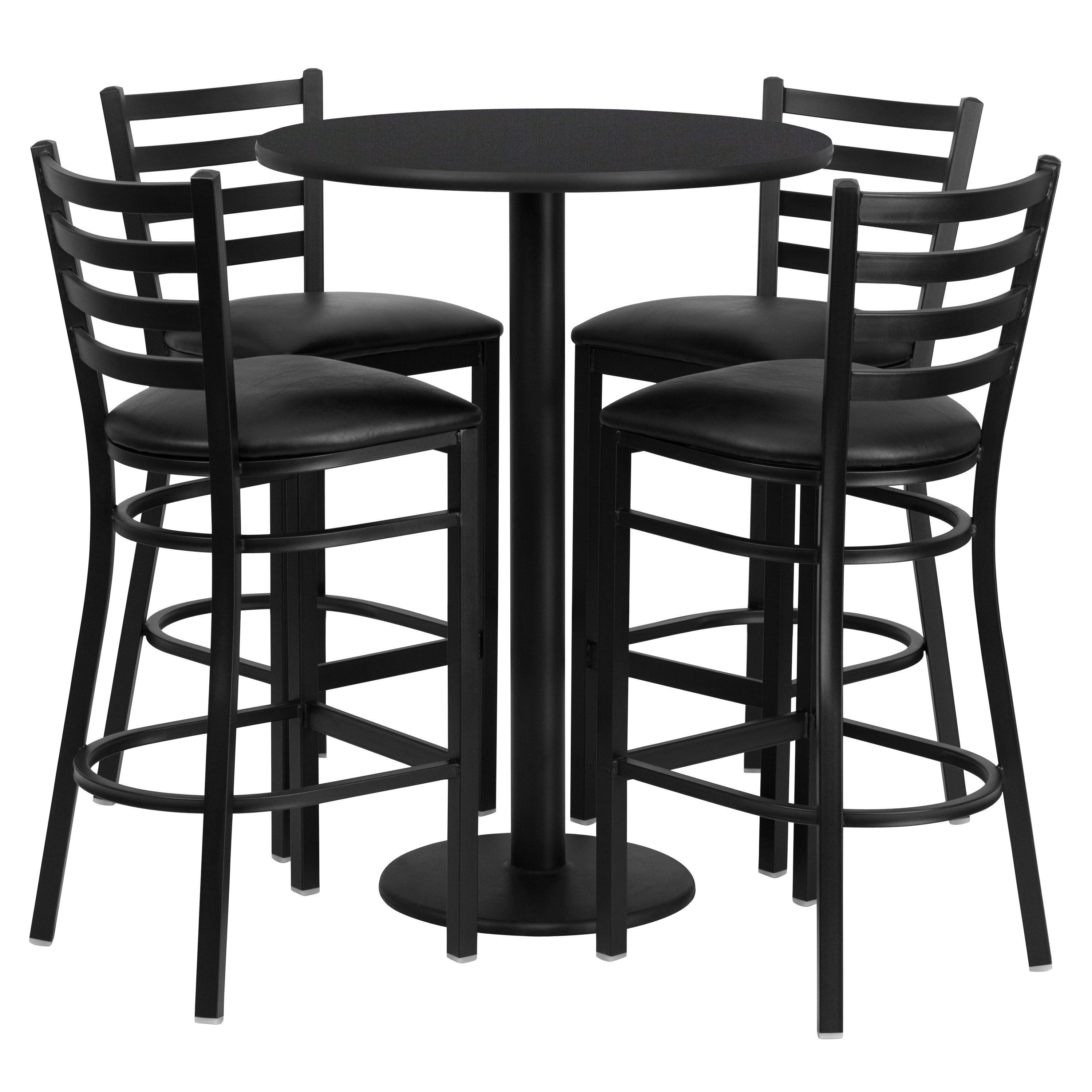 30&& Round Black Laminate Table Set with 4 Ladder Back Metal Barstools - Black Vinyl Seat | Flash Furniture