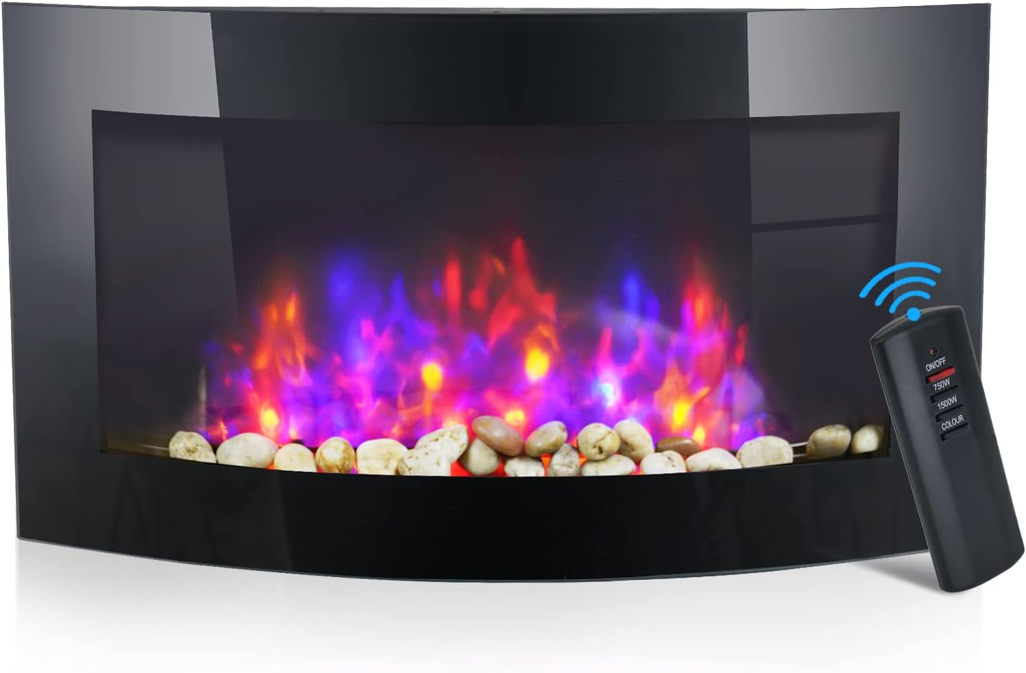 sunseen 36 Inches Elite Mounted Electric Fireplace , 750/1500W Curved Screen Fireplace Heater with Realistic 7 Color Flame, Remote Control, Black (Log)