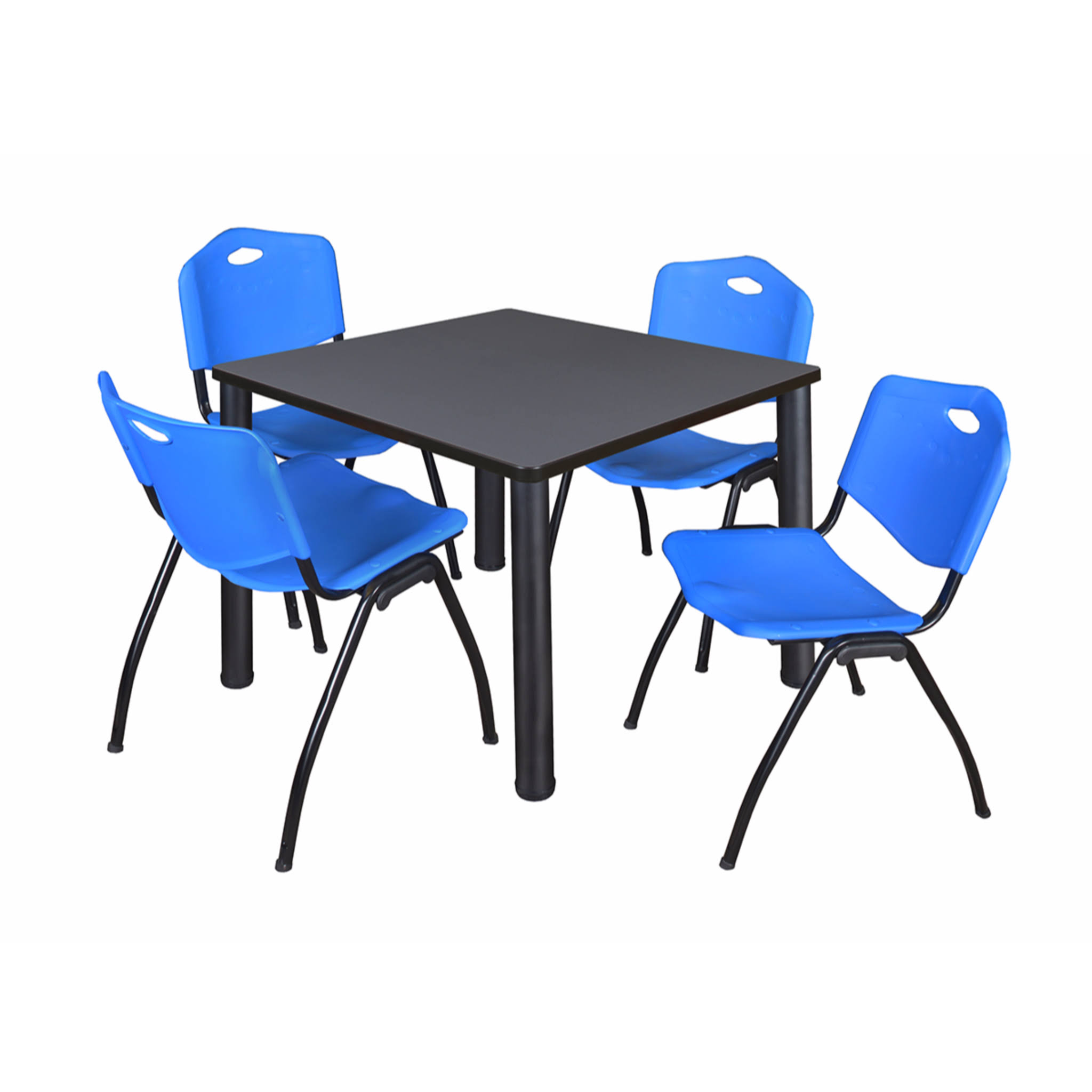 Regency Kee 42x22 Square Breakroom Table- Grey/ Black u0026 4 &M& Stack Chairs- Blue