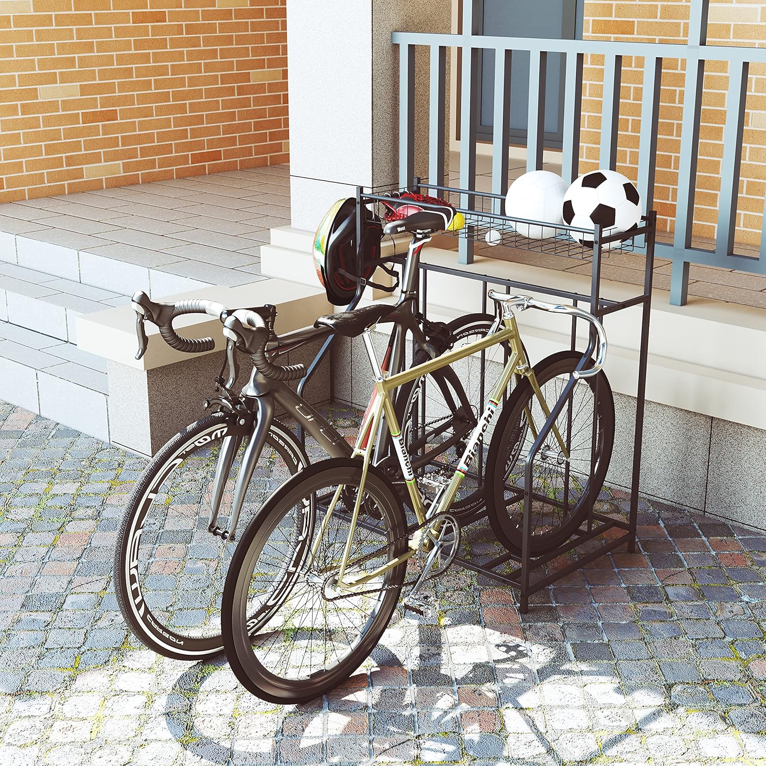 Gadroad 3 Bike Rack Garage with Storage Basket, Bike Rack Floor Stand, Garage Organizer Bike Parking Rack, Metal Floor Bicycle Nook Station for Mountain/Kids Bike, Black Pack of 2