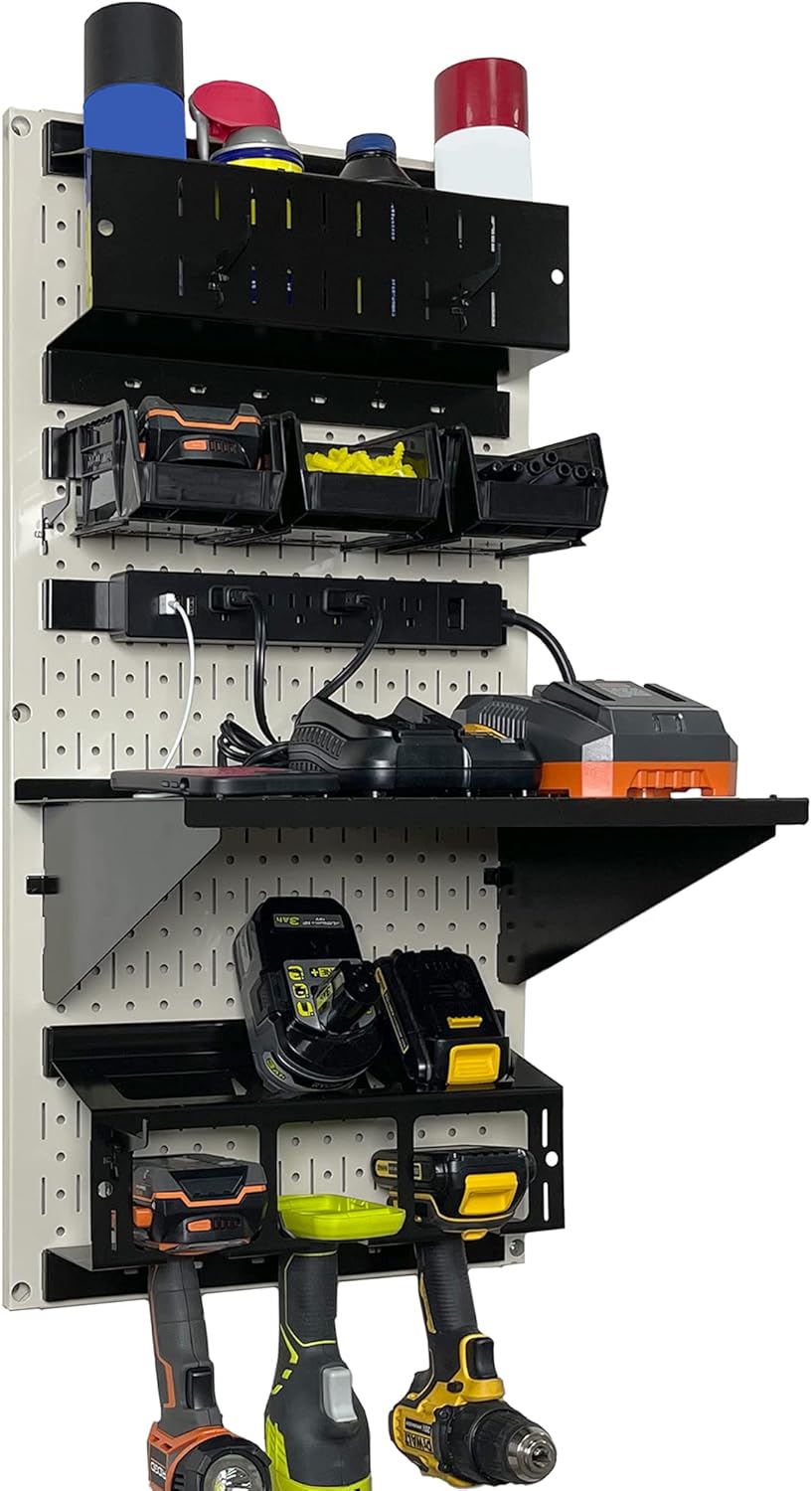 Wall Control Power Tool Storage Organizer Kit Cordless Drill Holder Charging Station Rack 16” x 32” Metal Pegboard Organization System