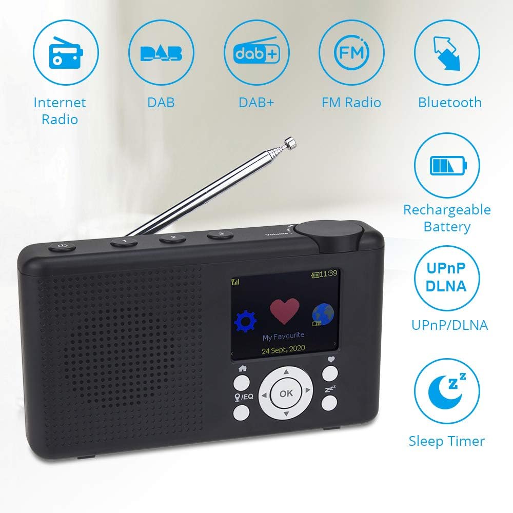 Ocean Digital WR-23F Portable FM Internet Radio 2.4” Color LCD Rechargeable Battery Wi-Fi Bluetooth UPnP & DLNA Player (Black)