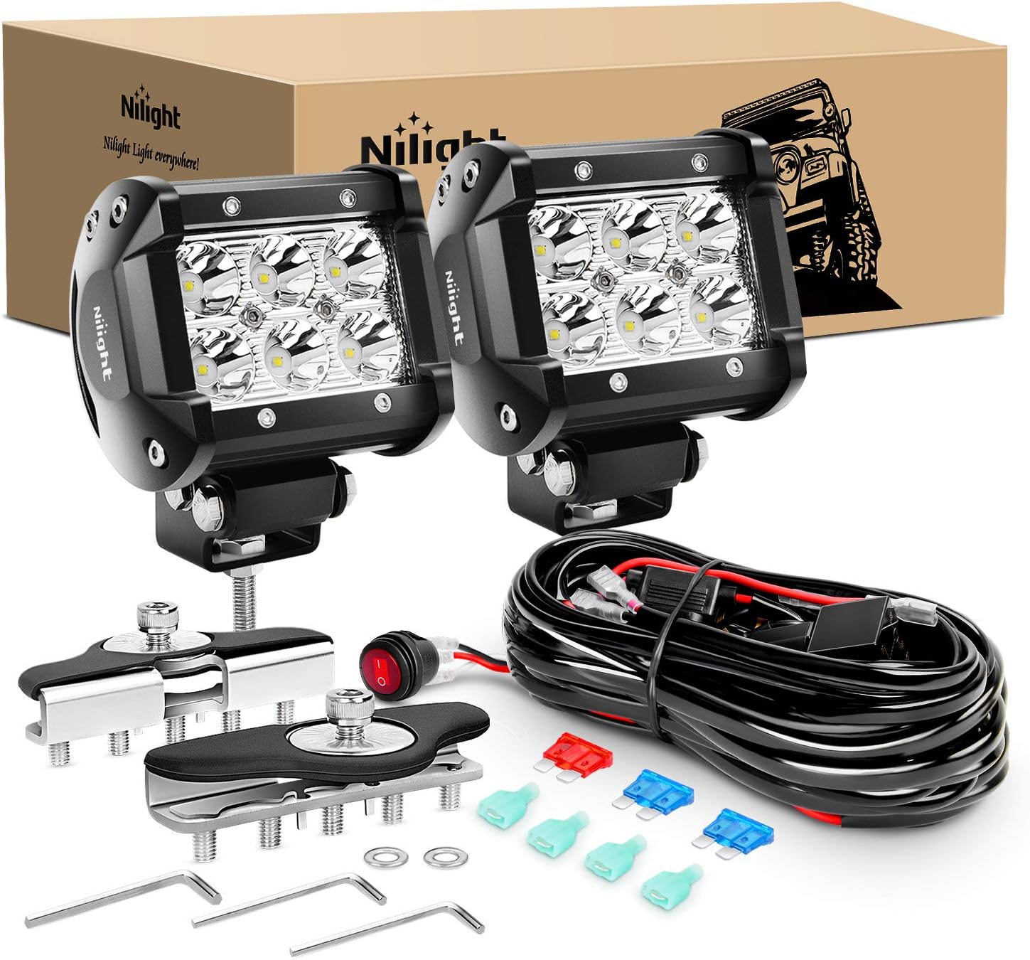 Nilight 2PCS 4 Inch 18W Spot led Pods Universal Adjustable Pillar Hood Led Work Light Mount Bracket with Off Road Wiring Harness-2 Leads, 2 Years Warranty