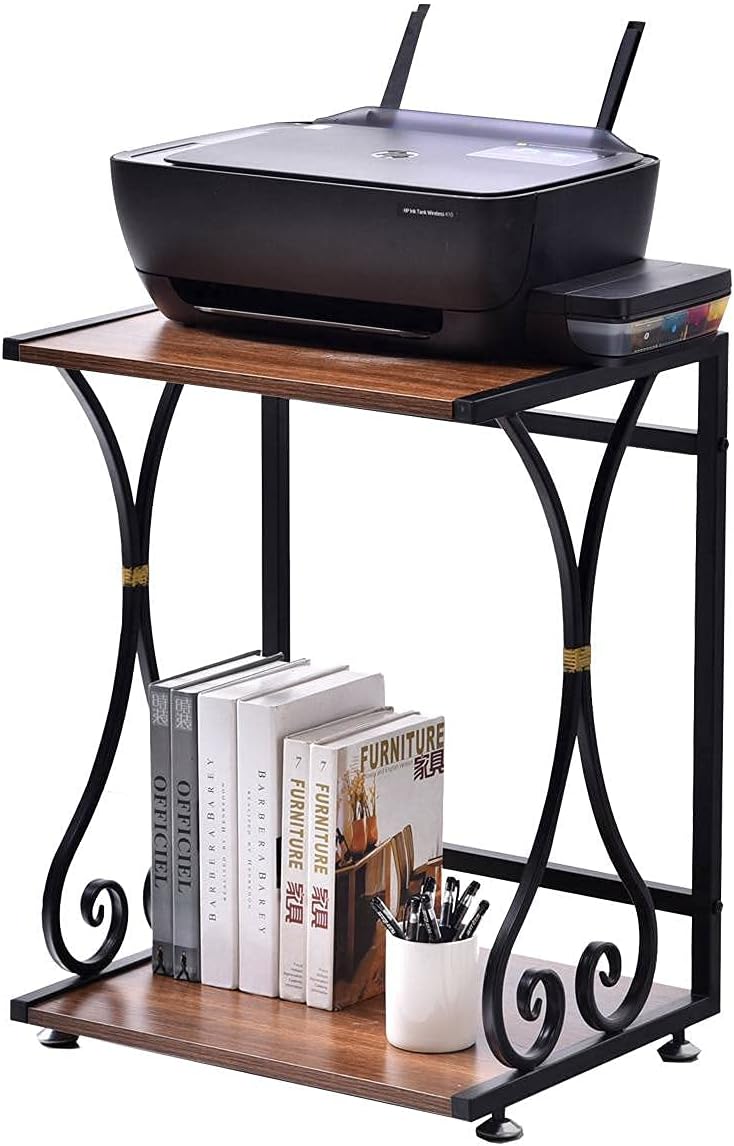 GOLASON Printer Stand with Storage, 2-Shelf Rustic Wood Under Desk Printer Stand, Printer Table Desk Organizer Shelves for Home Office (Mahogany, 19.69”W) Pack of 2