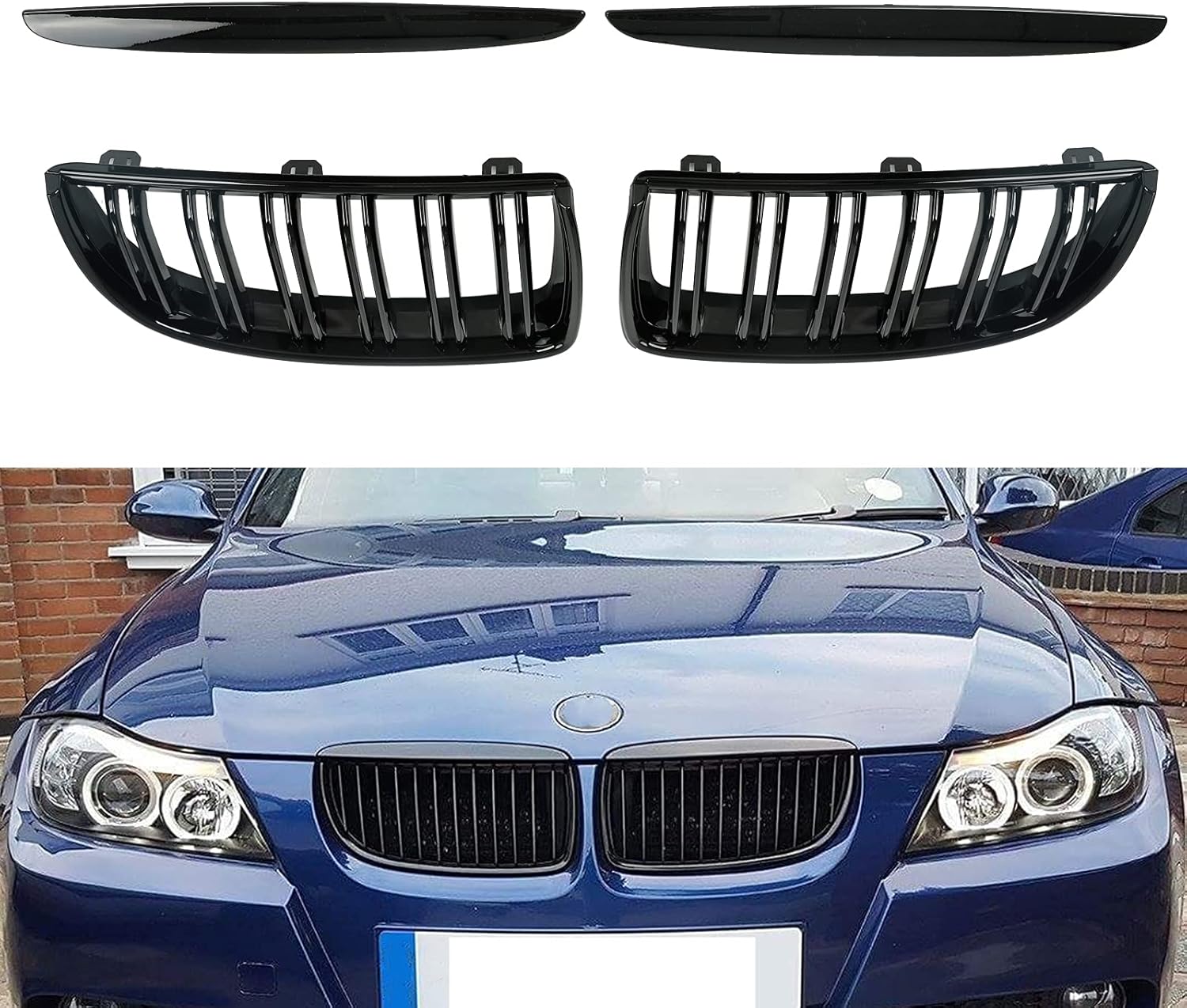 Front Hood Kidney Dual Slat Grille Grill Glossy Black Compatible with BMW E90 E91 325i 328i 328xi 335i 335xi 330i 330xi Replace 51137120009 51137120010
