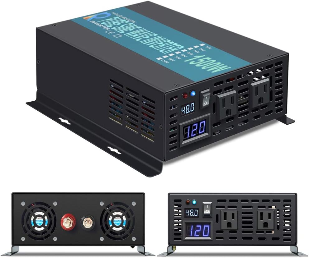 Reliable 1500W Full Power High Frequency Pure Sine Wave Solar Power Inverter Off Grid 48VDC to 120VAC Voltage Converter Home Solar Generator(Black)