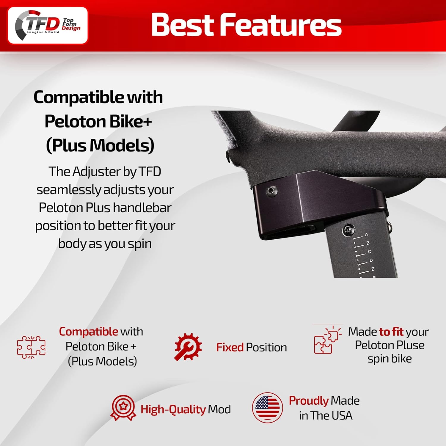 TFD Adjuster Fixed, Compatible with Peloton Bike+ (Plus Models), Made in USA - Adjusts Handle Bar Position for Any Rider | Black Design - Peloton Accessories