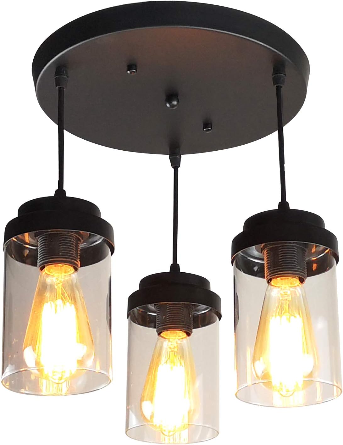 LONGWIND 3 Lights Kitchen Island Lighting,Modern Clear Glass Pendant Light Fixture,Farmhouse Black Linear Light Chandelier for Dining Room and Kitchen