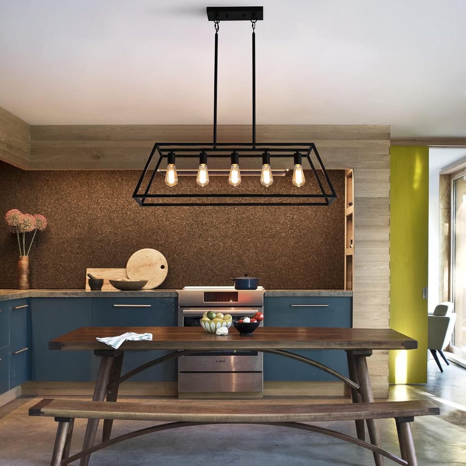 Black Kitchen Island Lighting, 5-Light Farmhouse Chandeliers, Modern Industrial Linear Rectangle Pendant Light Fixtures for Dining Room Kitchen Bar Foyer(Metal, E26 Base)