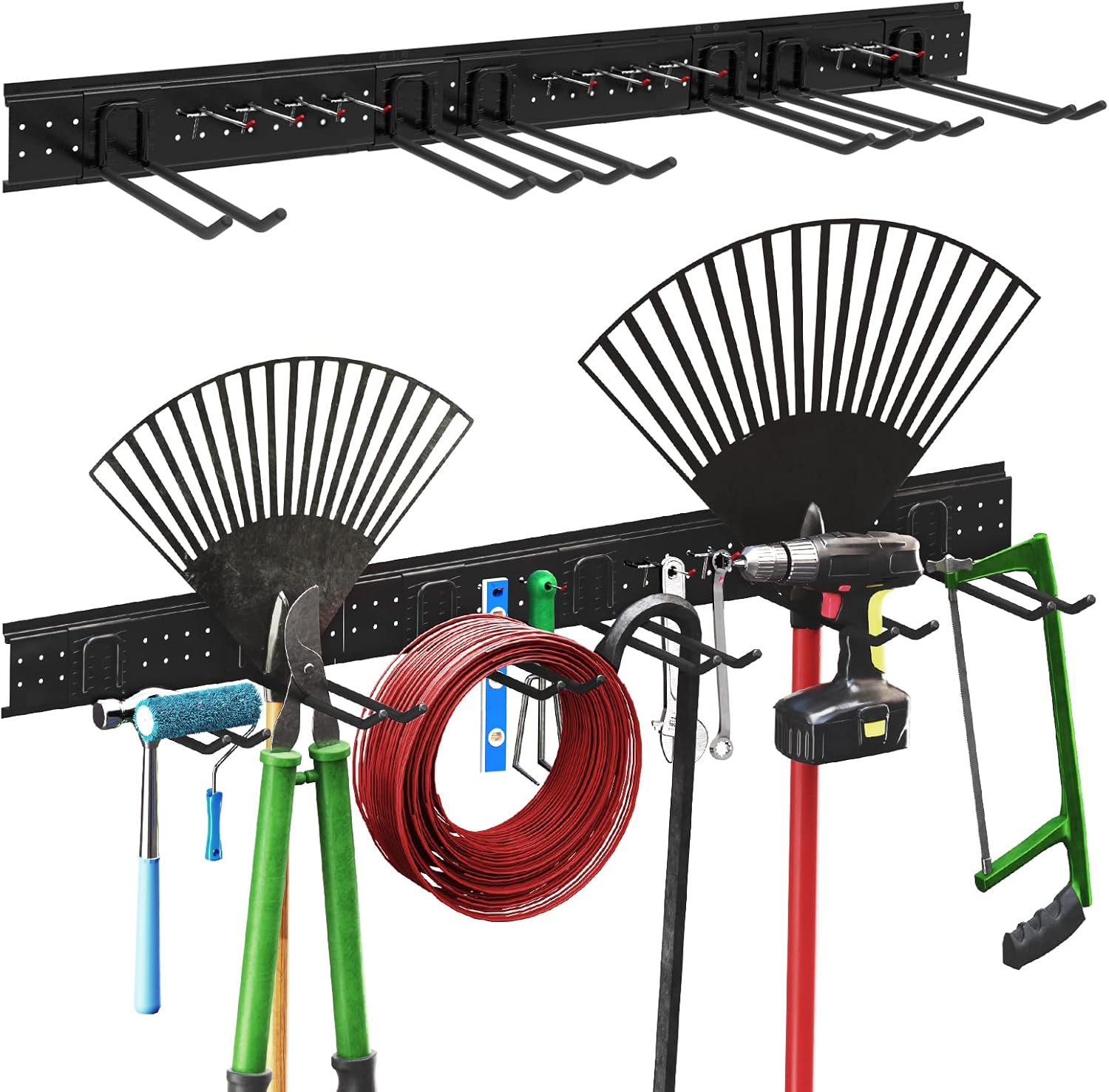 Stormann Tool Storage Rack Wall Mount Garage Tool Organizer Heavy Duty 16 Hooks Max Load to 600lbs for Power tools,Shovels,Hoes,Brooms,Weeder,Leaf Blower,and More Pack of 2