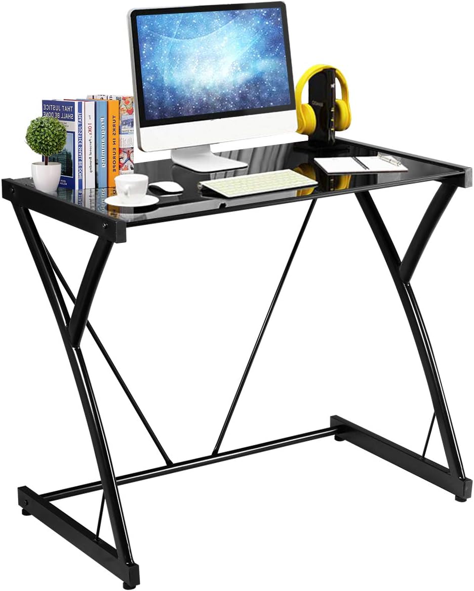 Tangkula Computer Desk Writing Table with Glass Top, Z-Shape Iron Frame Study Writing Desk with Adjustable Feet, Simple Laptop Desk Home Office Desk Computer Workstation Pack of 2