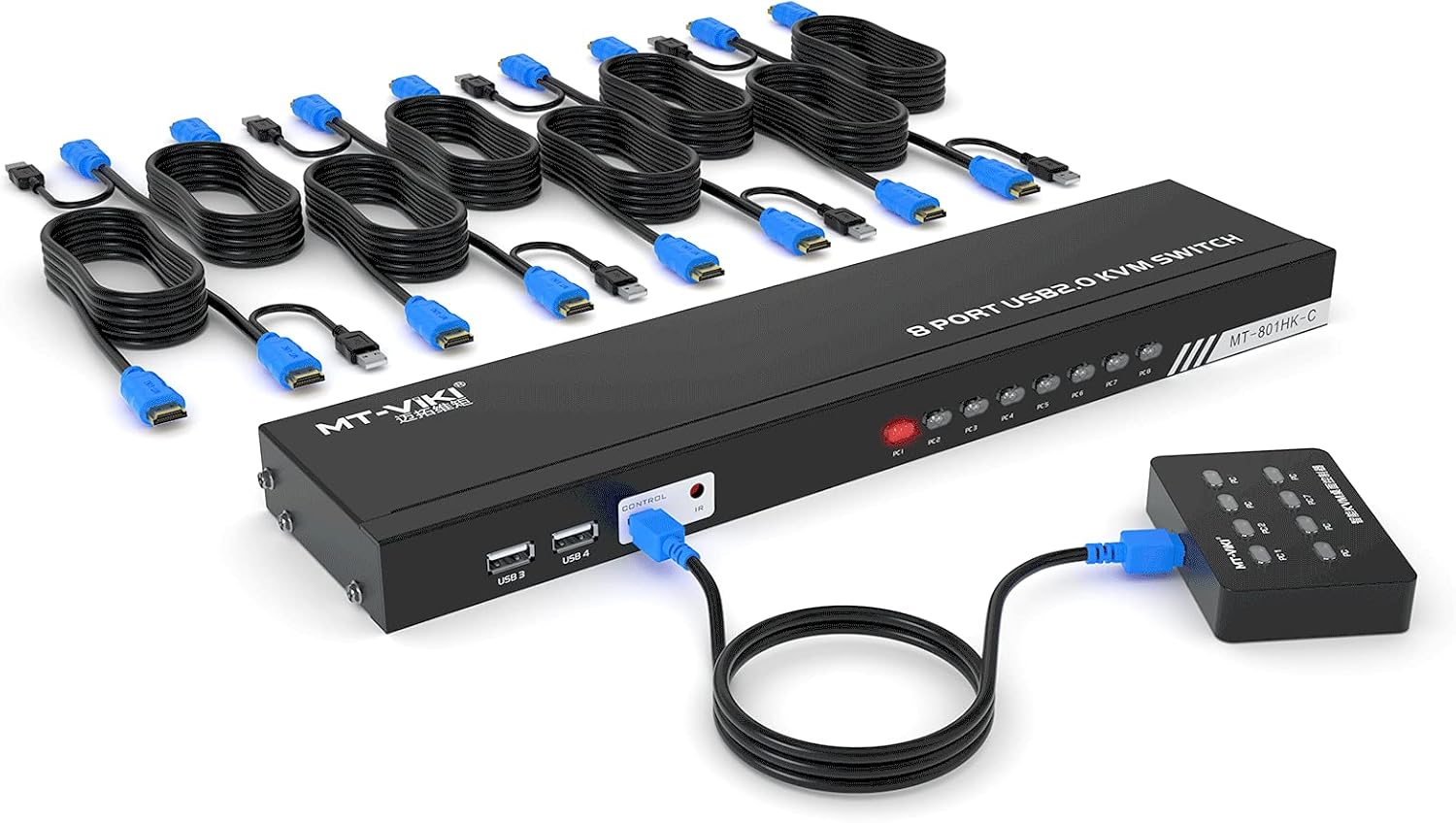 MT-VIKI 8 Ports KVM Switch HDMI, 4K 30Hz Rack Mount KVM Switch 8 in 1 Out w/KVM Cables & IR & Desktop Control & 4 USB 2.0 Hub