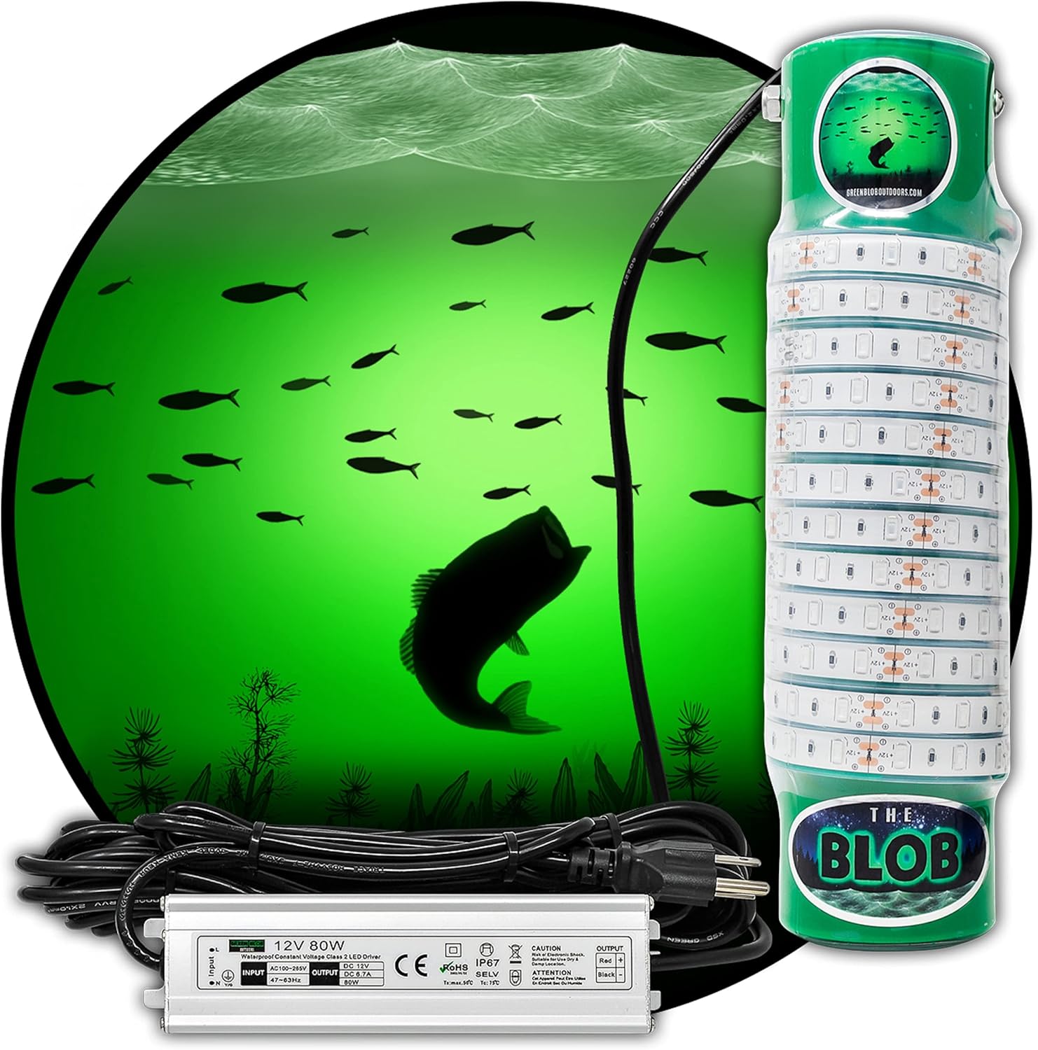 Green Blob Outdoors Underwater Fishing Light, Dock Pro Model Series 75DX, Made in Texas, 110 Volt AC, with 3 Prong Plug and 30ft Cord, High Powered