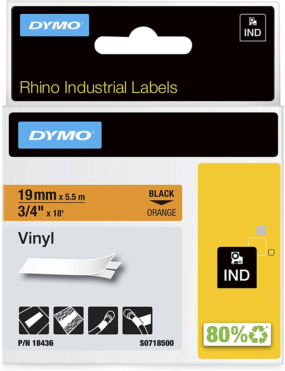 Dymo Rhino Industrial Labels Vinyl 19mm x 5.5M - Black on Orange