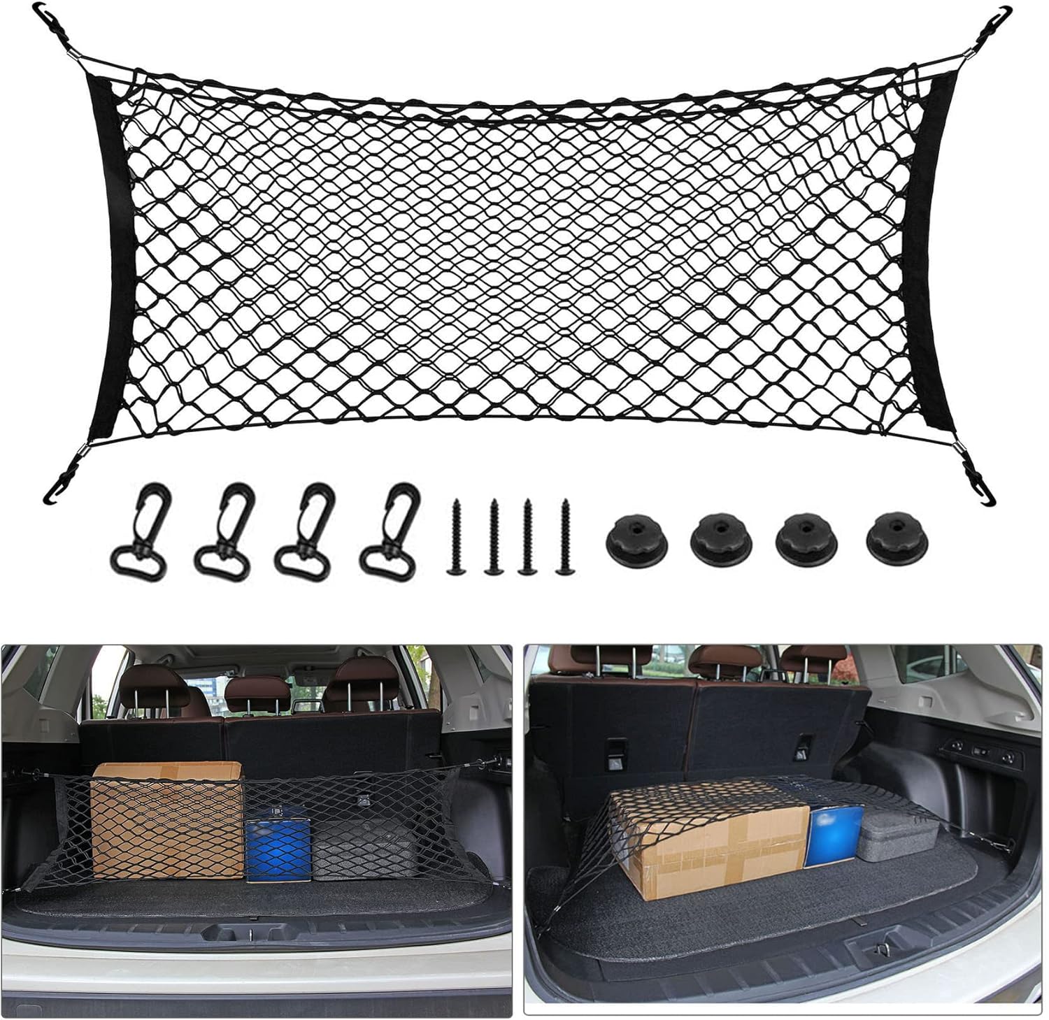 2pcs Rear Cargo Nets for SUV, 35''- 48'' Adjustable Envelope Style Cargo Trunk Net, Heavy Duty Elastic Storage Organizer Mesh Net for SUV Cars Vechile, Car Interior Accessories Pack of 2
