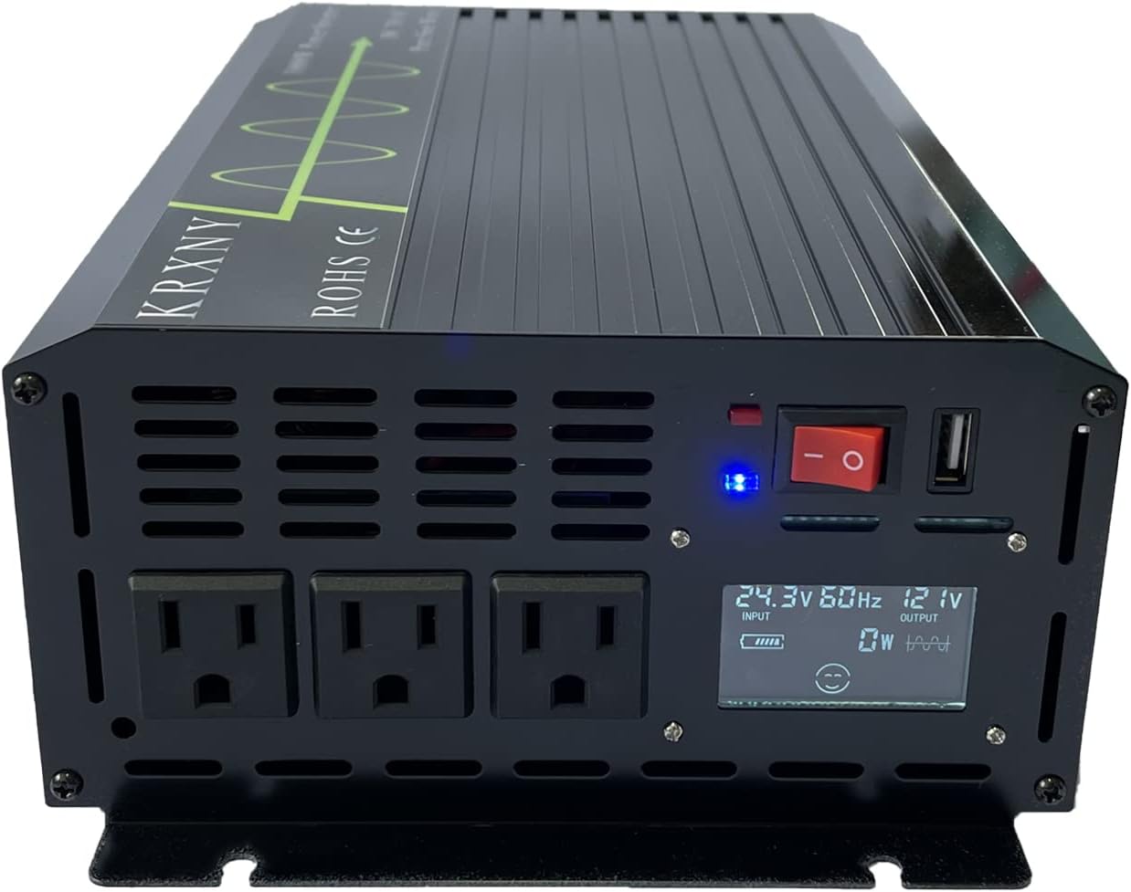 KRXNY 1000W Power Inverter Pure Sine Wave 24V DC to 120V AC 60HZ with USB LCD Display for Car/Off Grid Solar