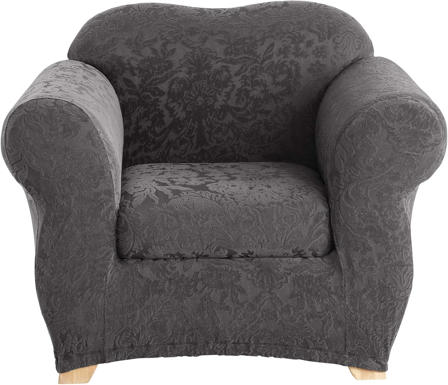 Surefit Stretch Jacquard Damask Box Cushion Chair Two Piece Slipcover, Form Fit, Polyester/Spandex, Machine Washable, Gray