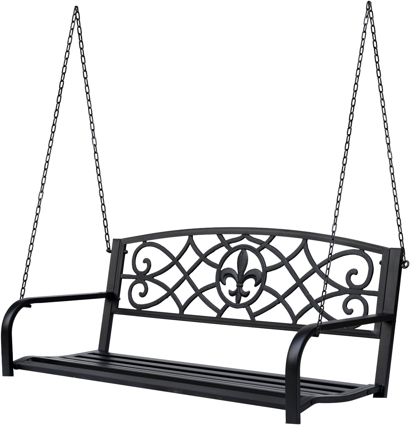 Outsunny Steel Fleur-de-Lis Design Outdoor Porch Swing Seat Bench with Chains for The Yard, Deck, & Backyard, Black