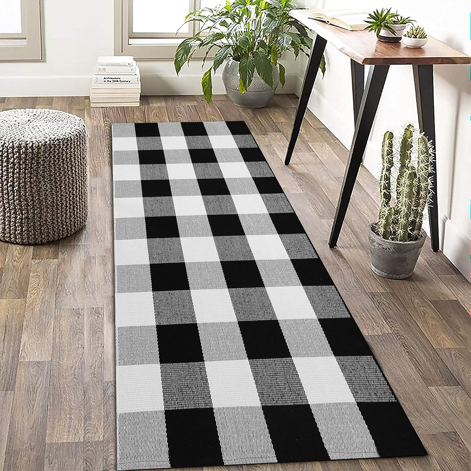 Buffalo Plaid Rug 8' x 10' Buffalo Check Rug Cotton Black and White Washable Retro Lattice Checkered Outdoor Rug Carpet for Farmhouse Living Room/Dining Room/Bedroom