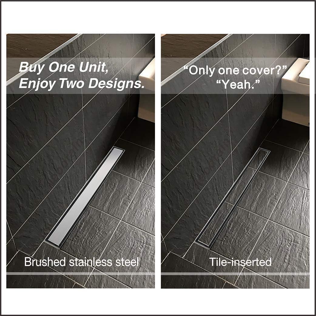 Neodrain 24-Inch Linear Shower Drain- With 2-in-1 Flat & Tile insert Cover, Brushed 304 Stainless Steel Rectangle Shower Floor Drain,Floor Shower Drain Pack of 2