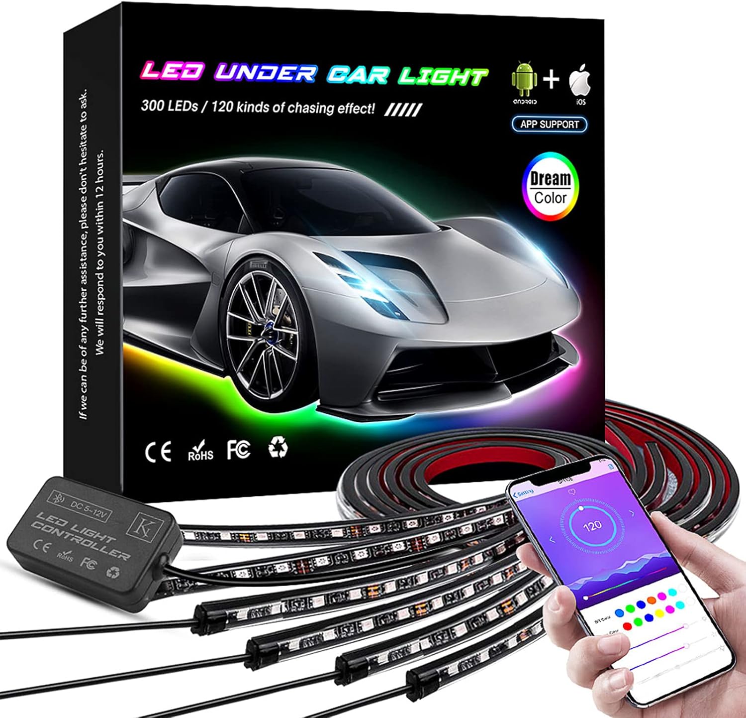 KORJO Car Underglow Lights, 6 Pcs Bluetooth Led Strip Lights with Dream Color Chasing, APP Control 12V 300 LEDs Underbody Lights, Waterproof Underglow Led Light Kit for Cars, Trucks, Boats Pack of 2