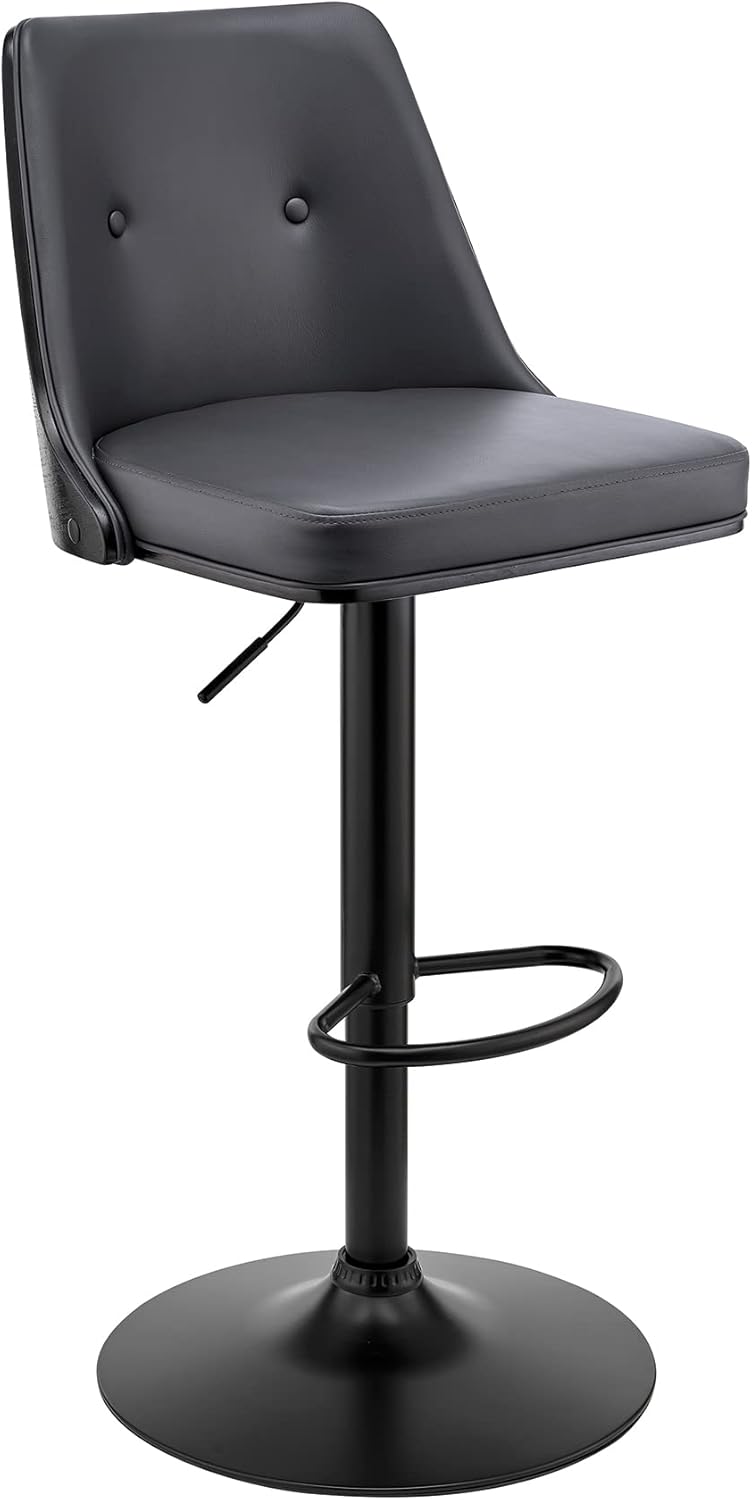 Jacob Adjustable Swivel Grey Faux Leather and Black Wood Bar Stool with Black Base