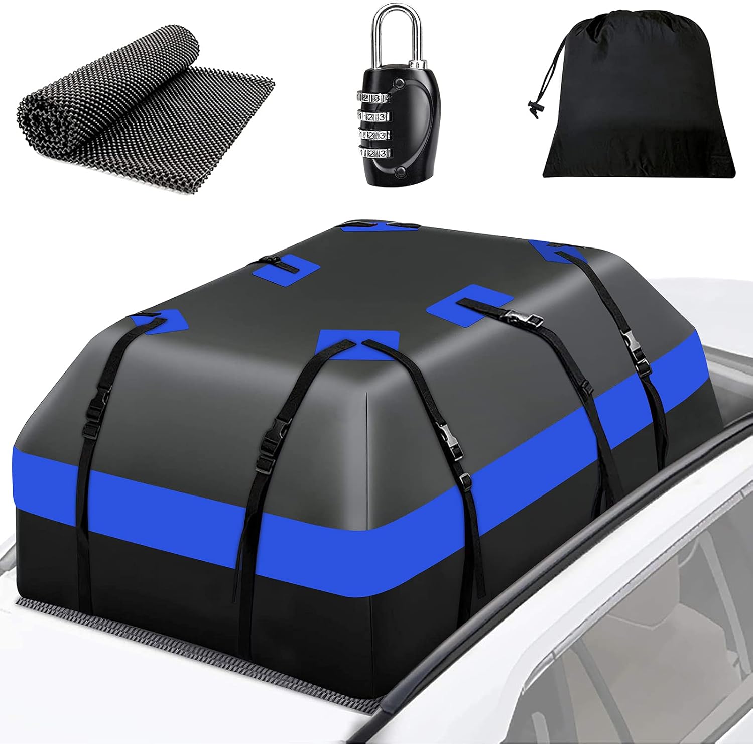 WARMQ 15 Cubic Feet Waterproof Vehicle Cargo Carriers&nbsp;with Anti-Slip Mat, 10 Reinforced Straps, 6 Door Hooks for All Vehicle SUV with or Without Rack