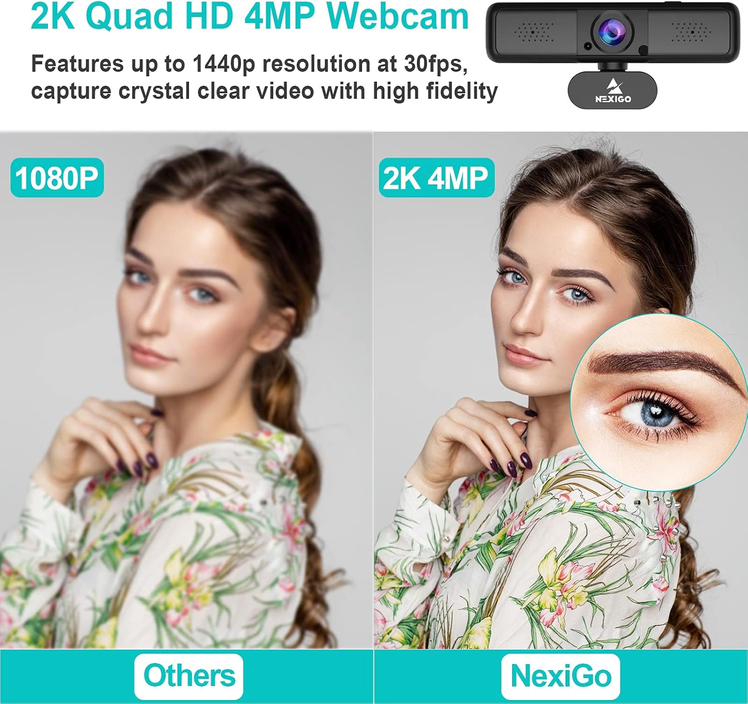 2K 4MP Zoomable Webcam with Privacy Cover & Dual Microphone, 3X Digital Zoom, 95-Degree Viewing, 2021 NexiGo Quad HD Business USB Camera for Online Class, Zoom Skype Facetime OBS Teams Pack of 2