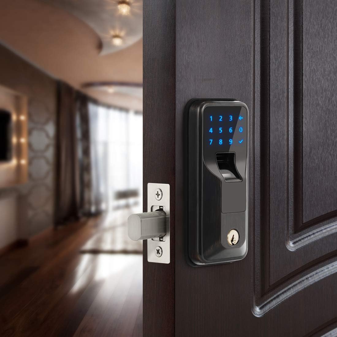 iMagic Electronic Fingerprint Deadbolt, Keypad Entry Door Lock, LED Touch Screen Keypad Lock with Built-in Alarm, One-Touch Locking and Back up Key, Easy to Install for Home and Office (Aged Bronze)