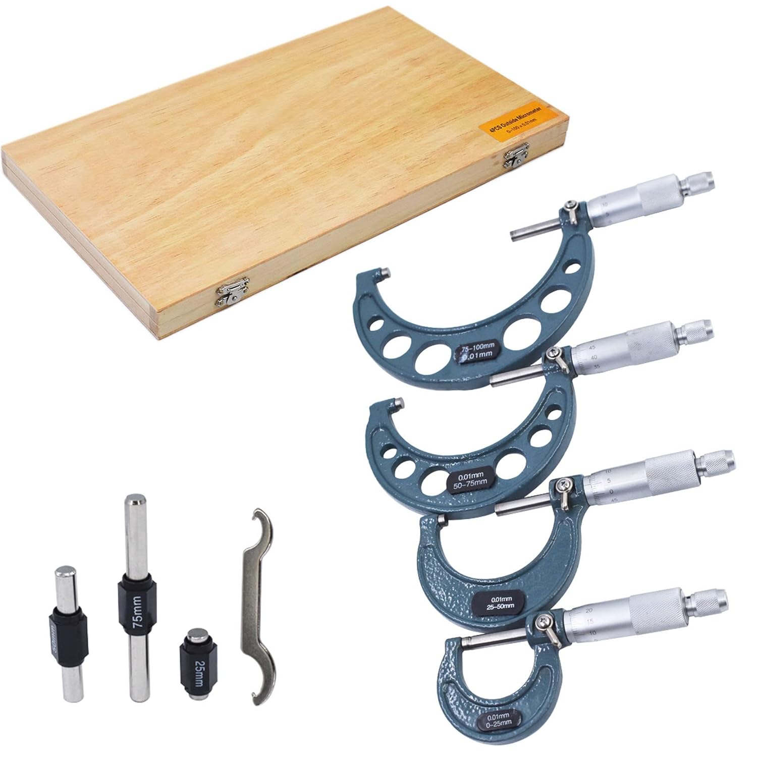 TINVHY 4-Pack 0-4 Outside Micrometer & Accessories, Professional 0.0001 Precision Graduation W/Carbide Tips, Machinist Tool Set Industrial Tools