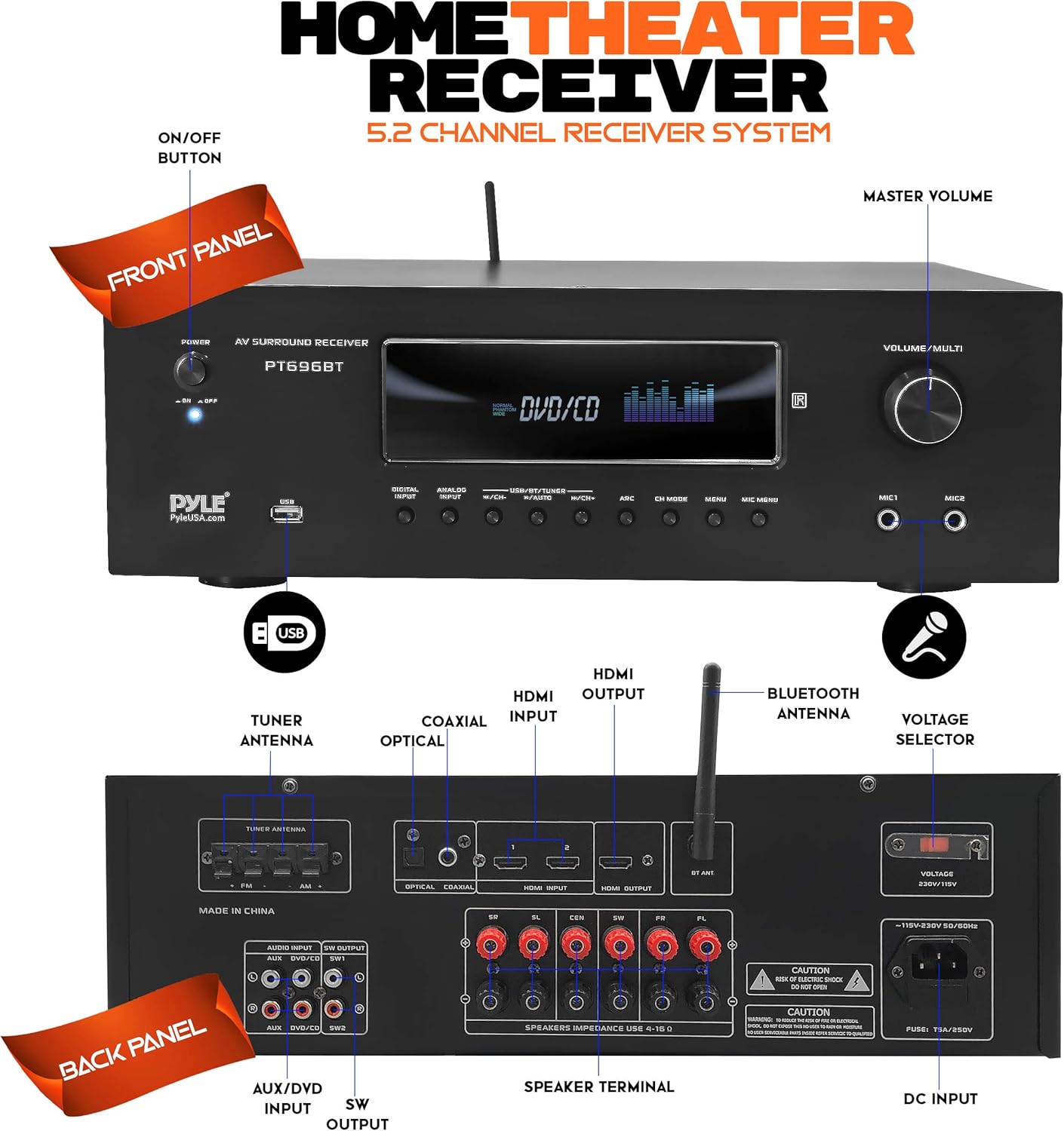 1000W Bluetooth Home Theater Receiver - 5.2 Channel Surround Sound Stereo Amplifier System with 4K Ultra HD, 3D Video & Blu-Ray Video Pass-Through Supports, HDMI/MP3/USB/AM/FM Radio - Pyle, Black