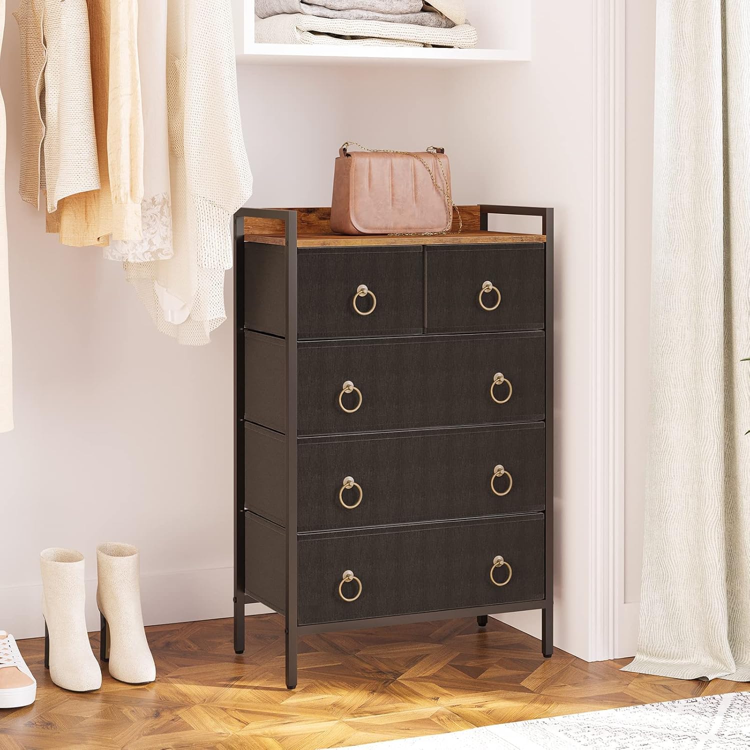 HOOBRO 5 Drawer Dresser, Dresser for Bedroom, Chest of Drawers, Sturdy Steel Frame, Wood Top, with Handles, Large Capacity, for Bedroom, Living Room, Cloakroom BF51CW01